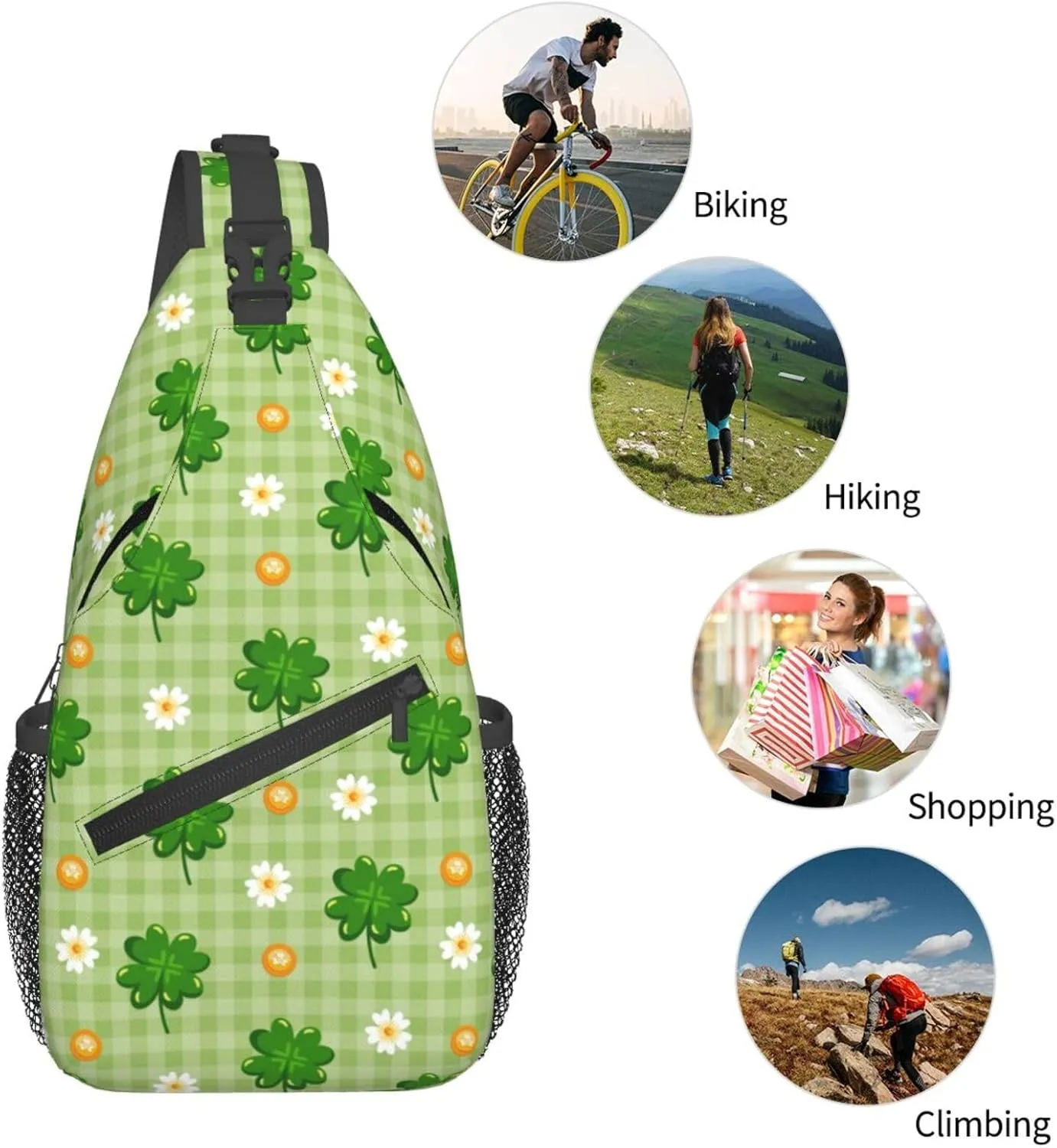 St Patricks Day Shamrock Sling Bag For Women Men Adjustable Crossbody Chest Bag Irish Clover Shoulder Bag Sling Backpack Green Daypack For Sport Travel Hiking