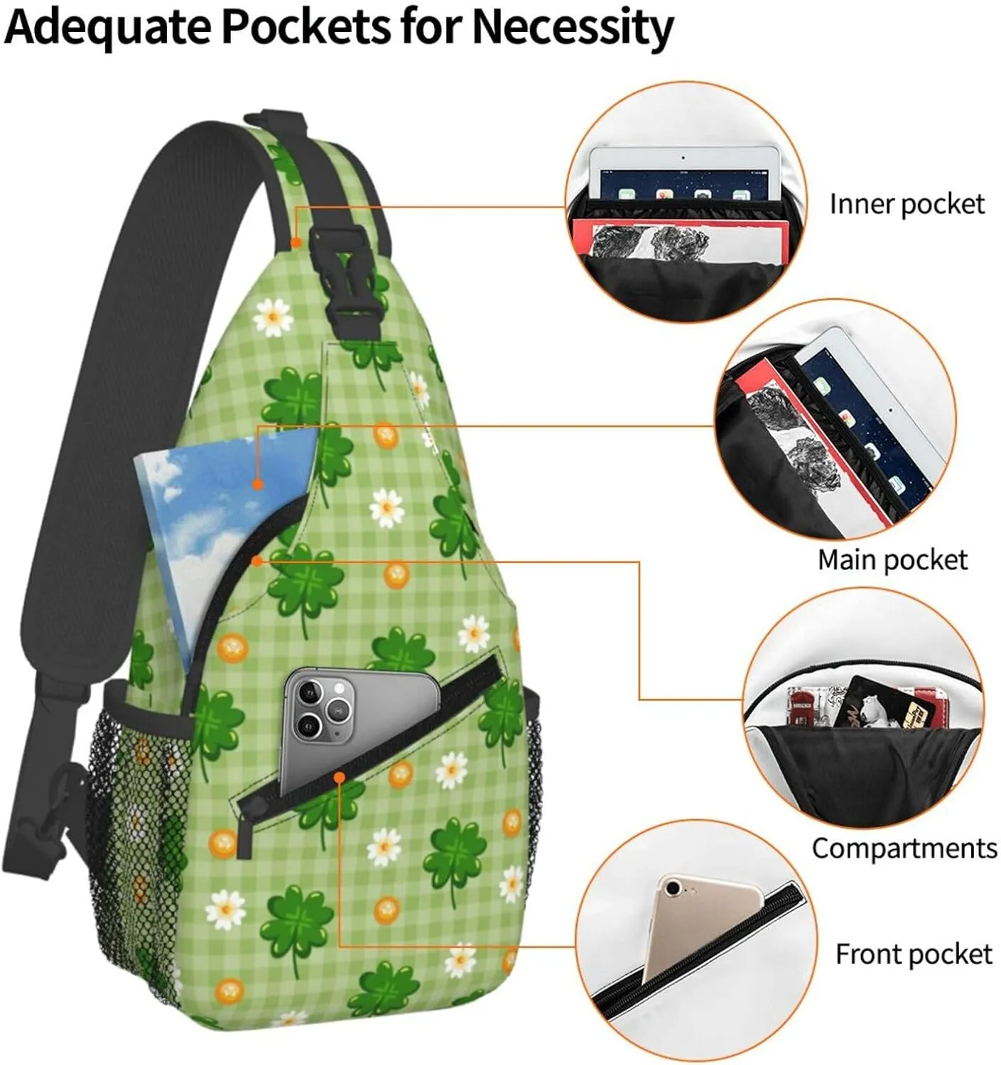 St Patricks Day Shamrock Sling Bag For Women Men Adjustable Crossbody Chest Bag Irish Clover Shoulder Bag Sling Backpack Green Daypack For Sport Travel Hiking
