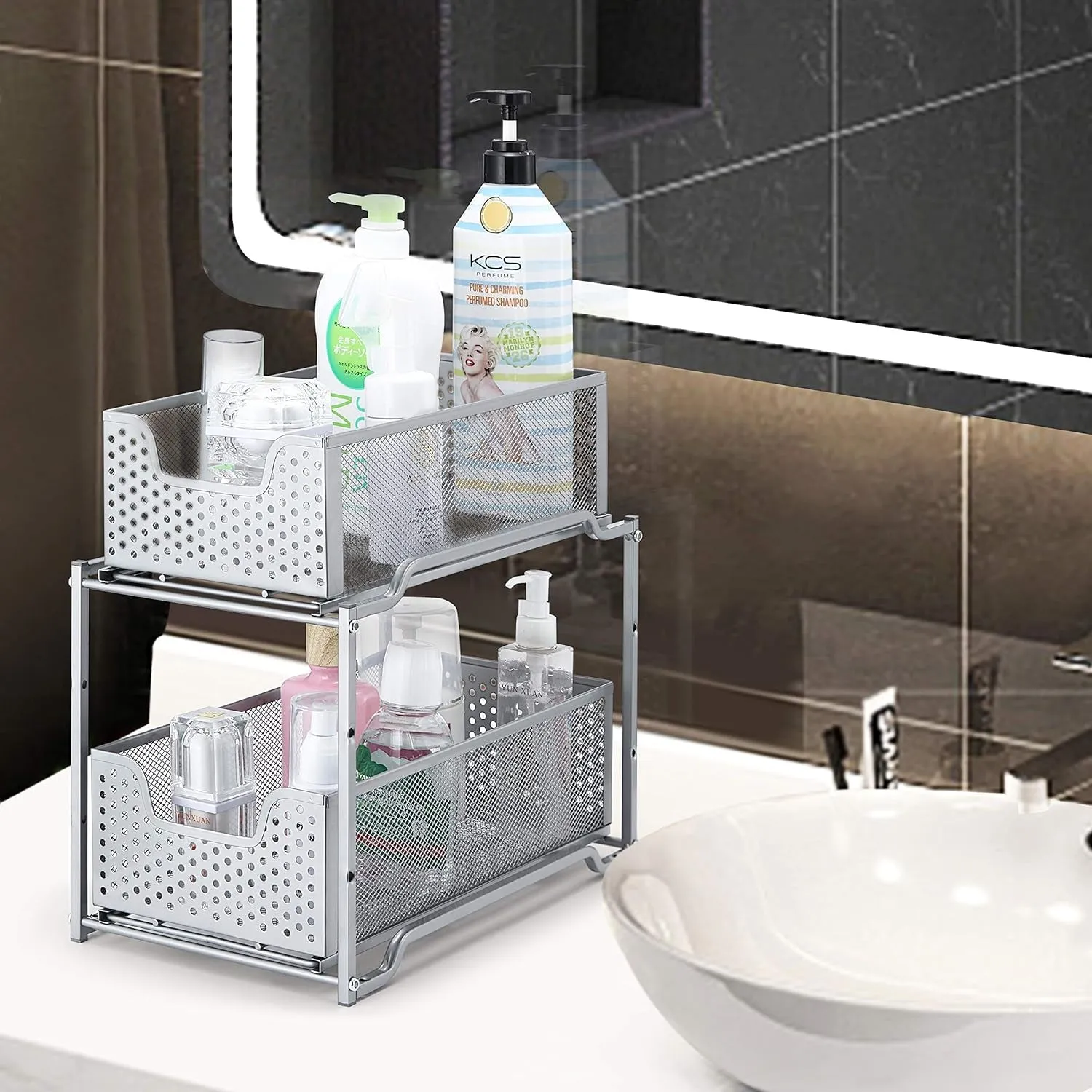 Stackable 2-Tier under Sink Cabinet Organizer with Sliding Storage Drawer, Silver