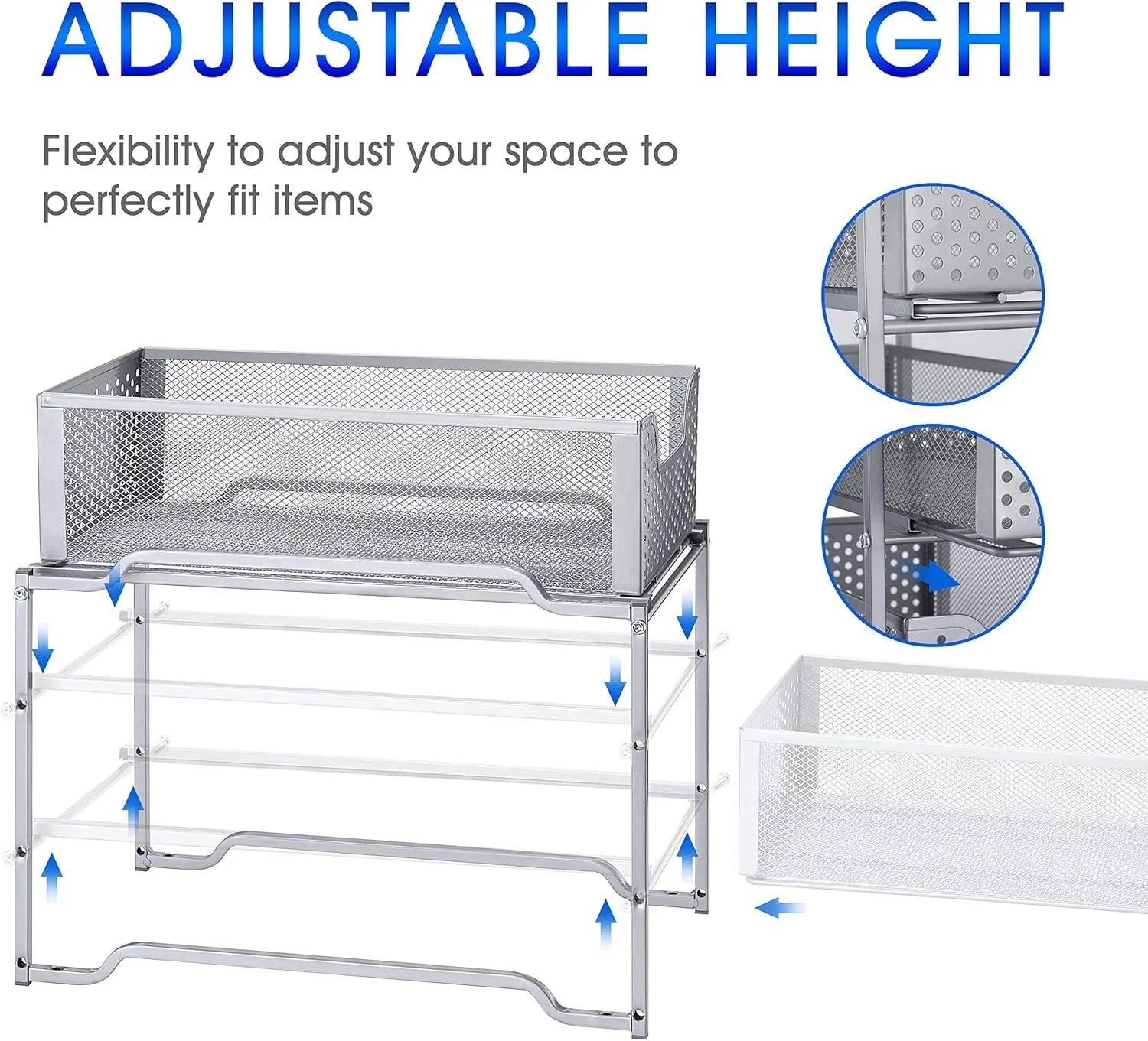 Stackable 2-Tier under Sink Cabinet Organizer with Sliding Storage Drawer, Silver