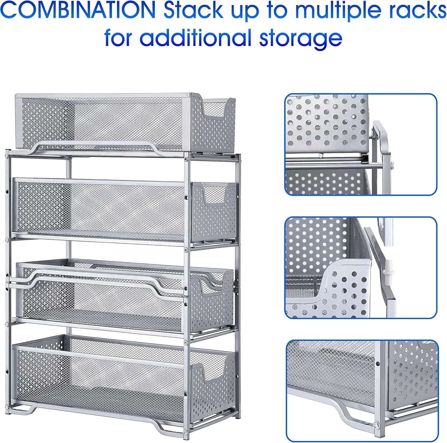Stackable 2-Tier under Sink Cabinet Organizer with Sliding Storage Drawer, Silver