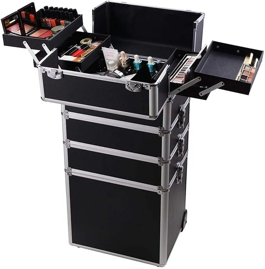 Stackable and Interchangeable Pro Makeup Rolling Cosmetic Train Case (BLACK)