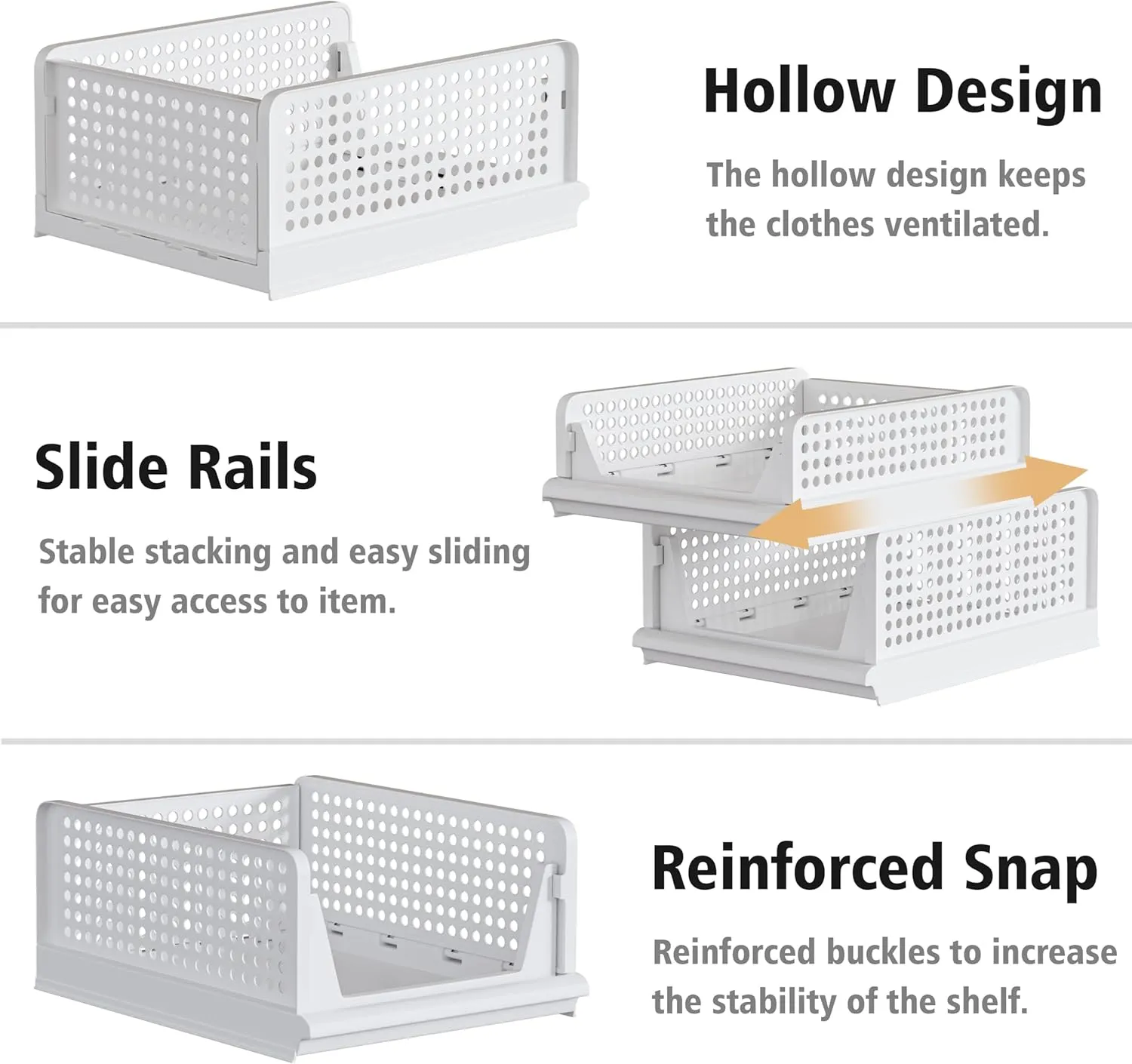 Stackable Plastic Storage Basket Closet Organizer Bin Foldable Clothes Organizer Storage Drawer Shelf Container for Living Room Bathroom Kitchen Office
