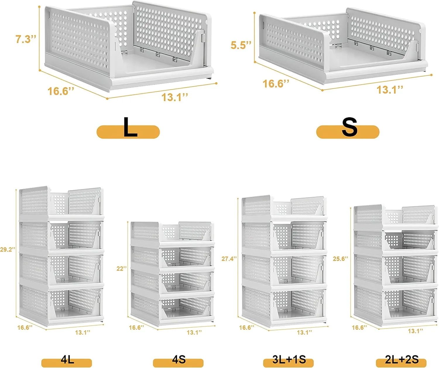 Stackable Plastic Storage Basket Closet Organizer Bin Foldable Clothes Organizer Storage Drawer Shelf Container for Living Room Bathroom Kitchen Office