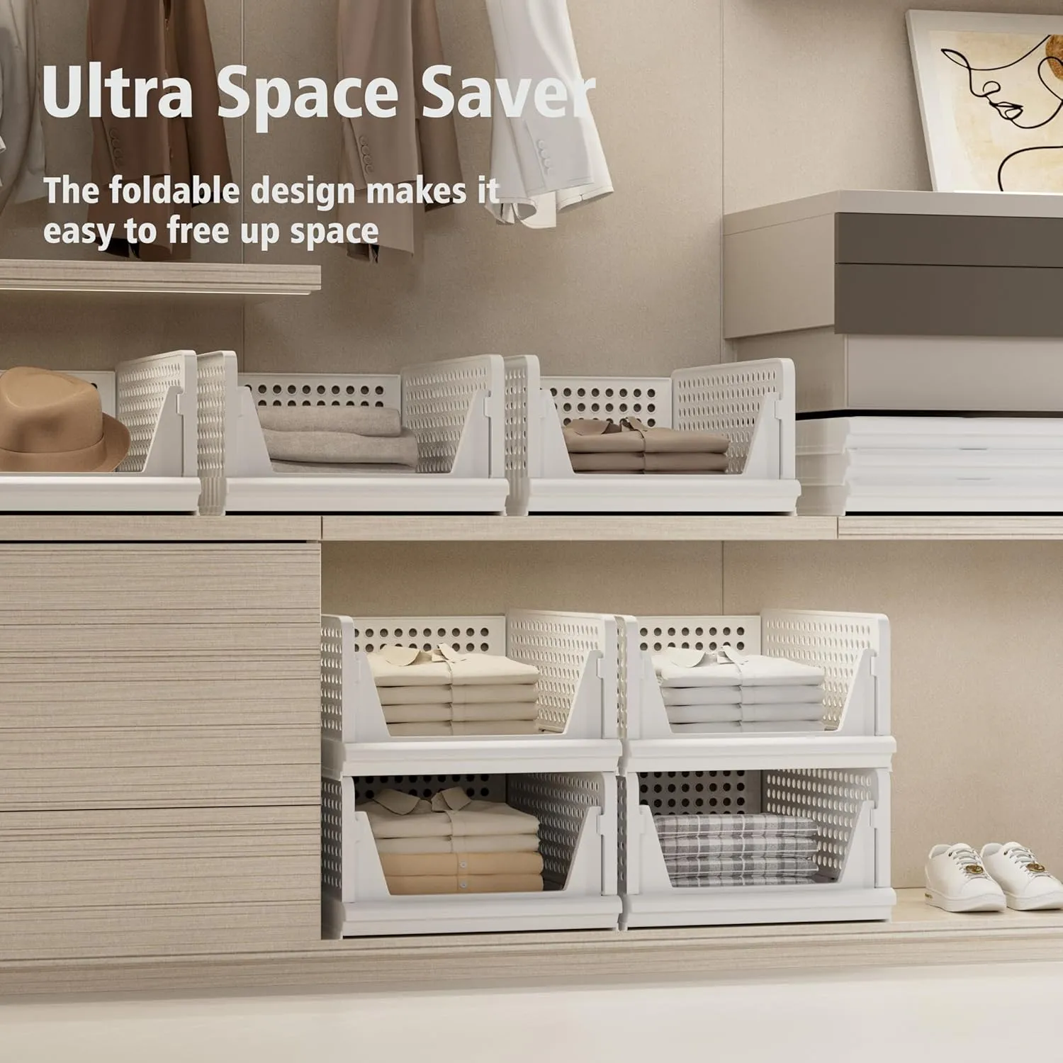 Stackable Plastic Storage Basket Closet Organizer Bin Foldable Clothes Organizer Storage Drawer Shelf Container for Living Room Bathroom Kitchen Office