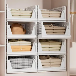 Stackable Plastic Storage Basket Closet Organizer Bin Foldable Clothes Organizer Storage Drawer Shelf Container for Living Room Bathroom Kitchen Office