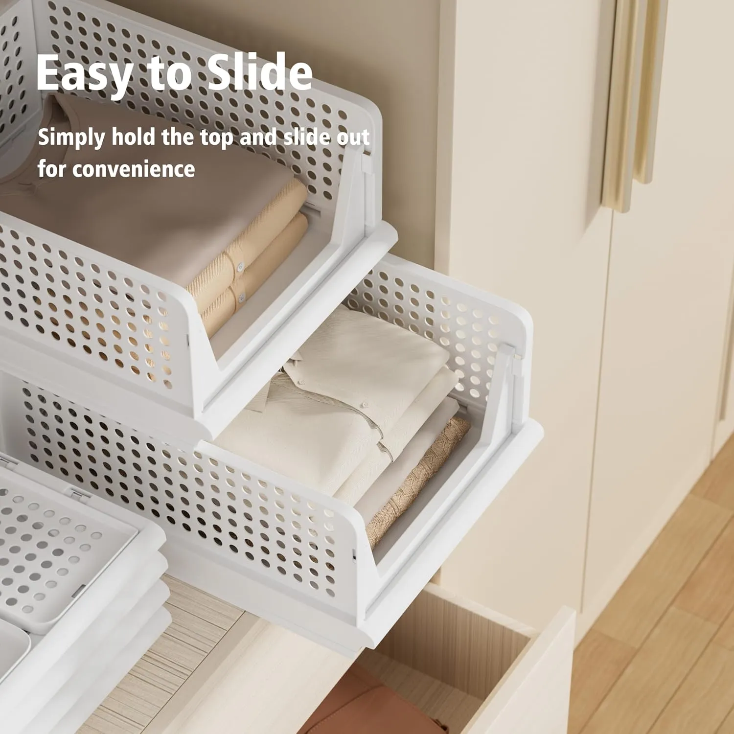 Stackable Plastic Storage Basket Closet Organizer Bin Foldable Clothes Organizer Storage Drawer Shelf Container for Living Room Bathroom Kitchen Office