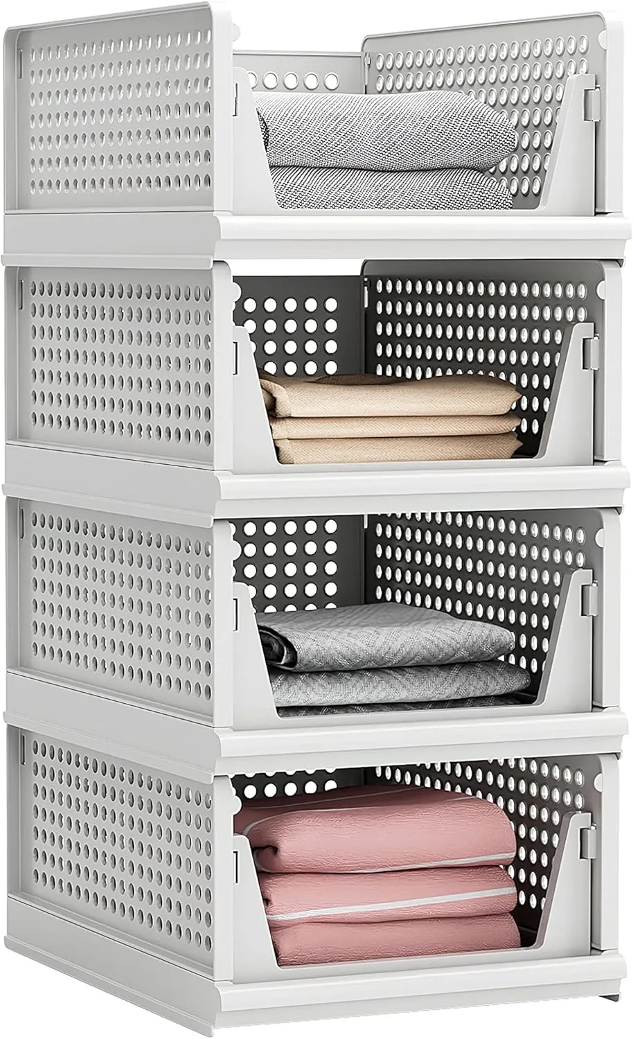 Stackable Plastic Storage Basket Closet Organizer Bin Foldable Clothes Organizer Storage Drawer Shelf Container for Living Room Bathroom Kitchen Office