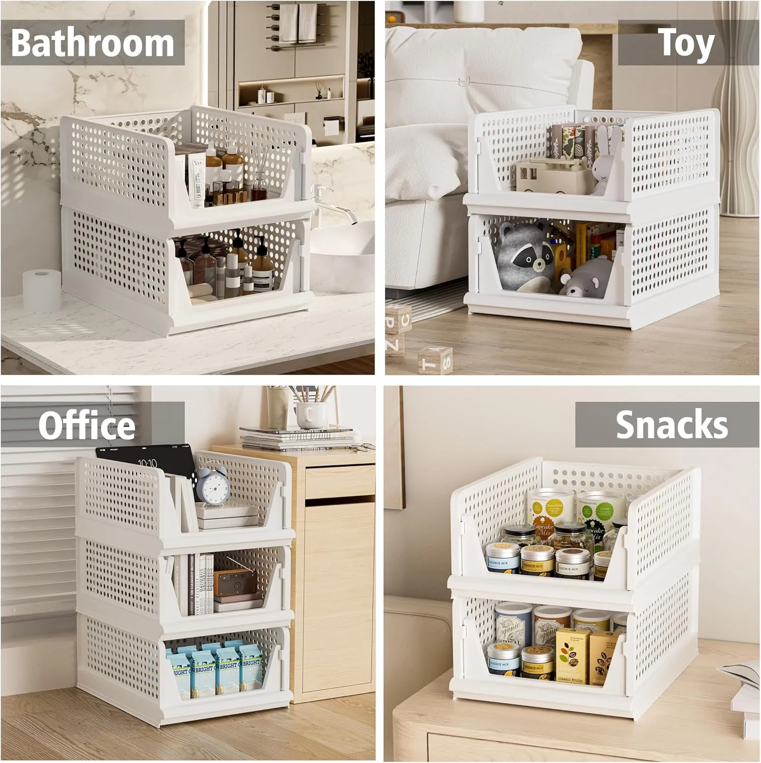 Stackable Plastic Storage Basket Closet Organizer Bin Foldable Clothes Organizer Storage Drawer Shelf Container for Living Room Bathroom Kitchen Office