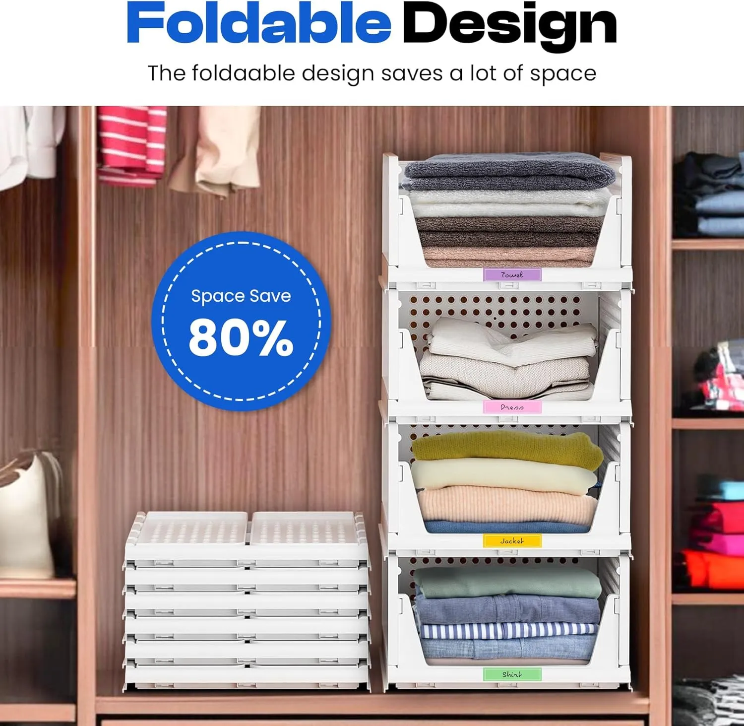 Stackable Plastic Storage Basket, Foldable Closet Organizers and Storage Bins Drawer Shelf Storage Container for Wardrobe Kitchen Bathroom Office，Closet Organizers with Shelf Storage