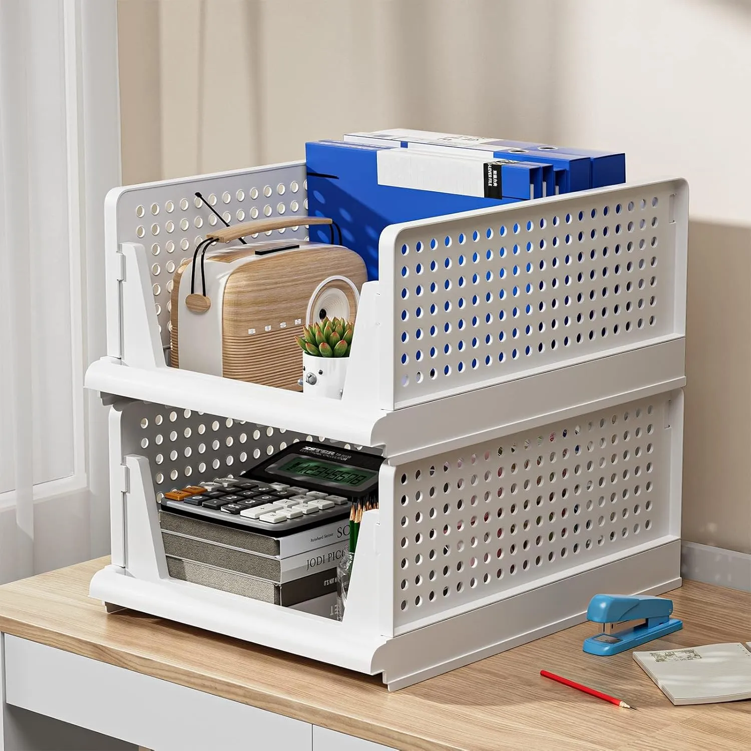 Stackable Plastic Storage Basket, Foldable Closet Organizers and Storage Bins Drawer Shelf Storage Container for Wardrobe Kitchen Bathroom Office，Closet Organizers with Shelf Storage