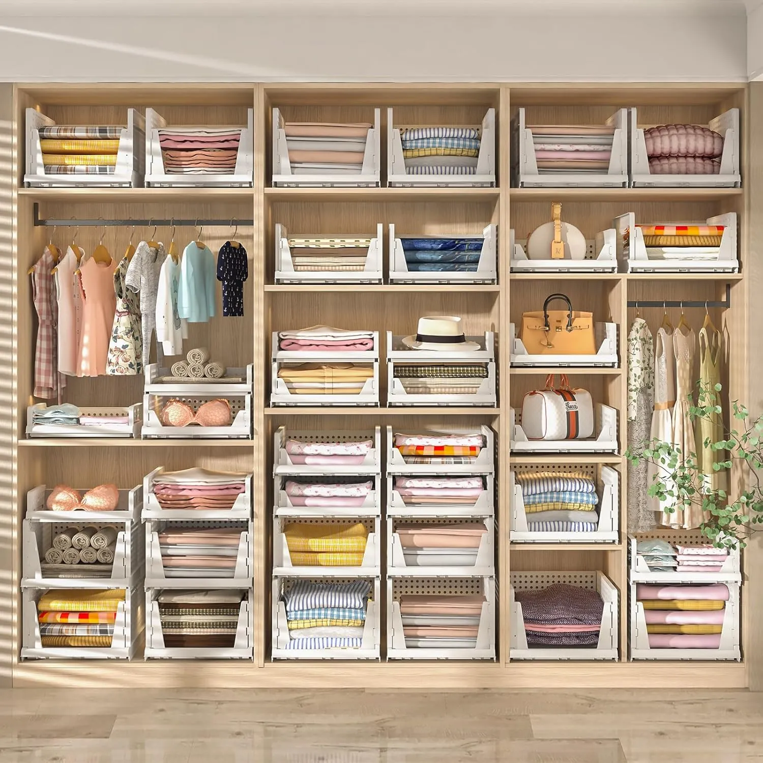 Stackable Plastic Storage Basket, Foldable Closet Organizers and Storage Bins Drawer Shelf Storage Container for Wardrobe Kitchen Bathroom Office，Closet Organizers with Shelf Storage