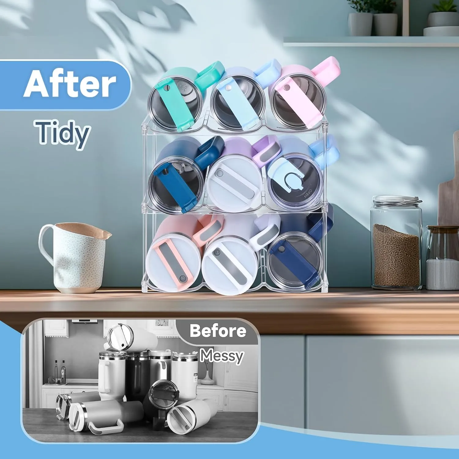 Stackable Water Bottle Organizer for Stanley 40 oz Tumbler, Water Bottle Holder for Cabinet, Pantry Kitchen Organizers and Storage for Stanley Cup Accessories, Tumbler Organizer and Wine Rack, 3Pack