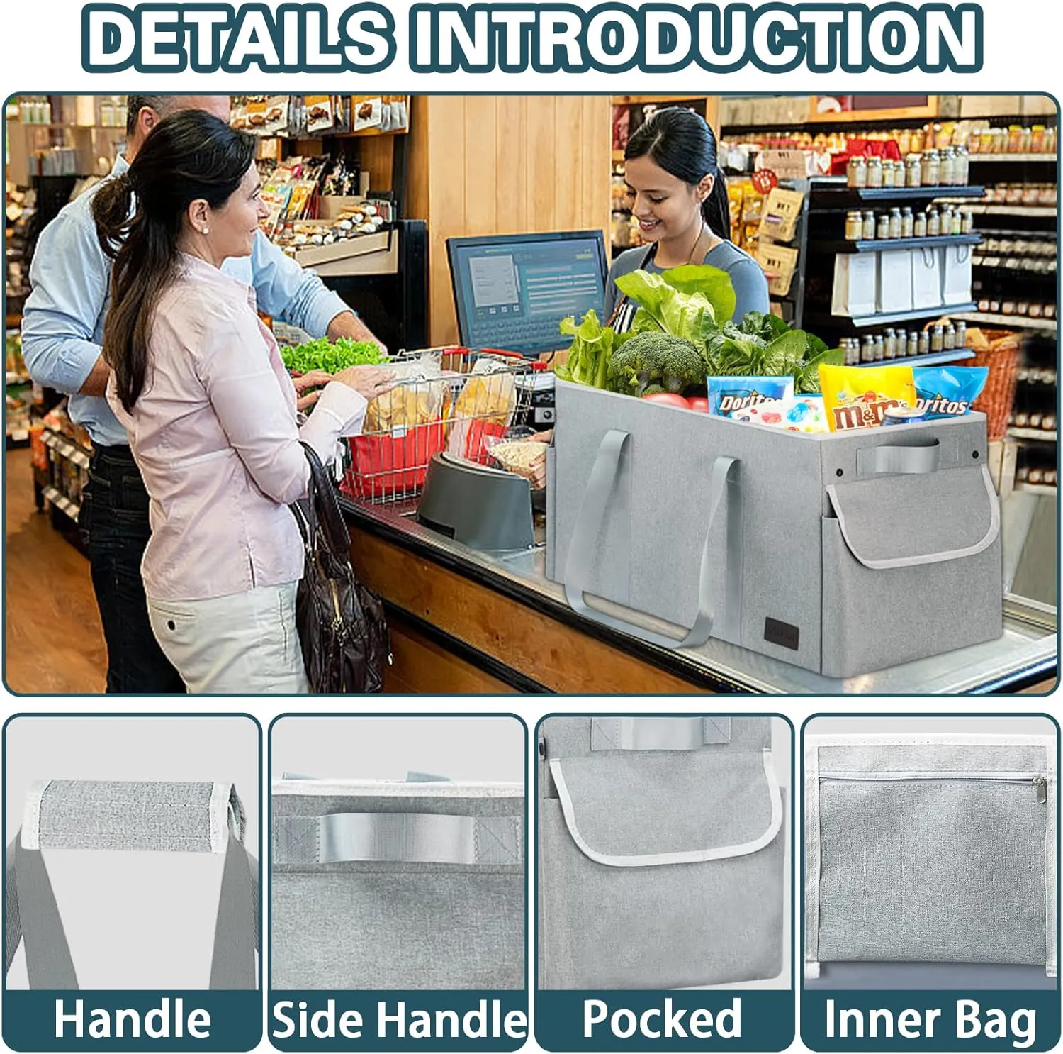 Standing Extra Large Utility Tote Bag with Hard Bottom & Hard Sides, Heavy Duty Reusable Grocery Bag with Handles & 3 Pockets for Shopping, Beach, Picnics, Camping, Laundry, Car (Grey)