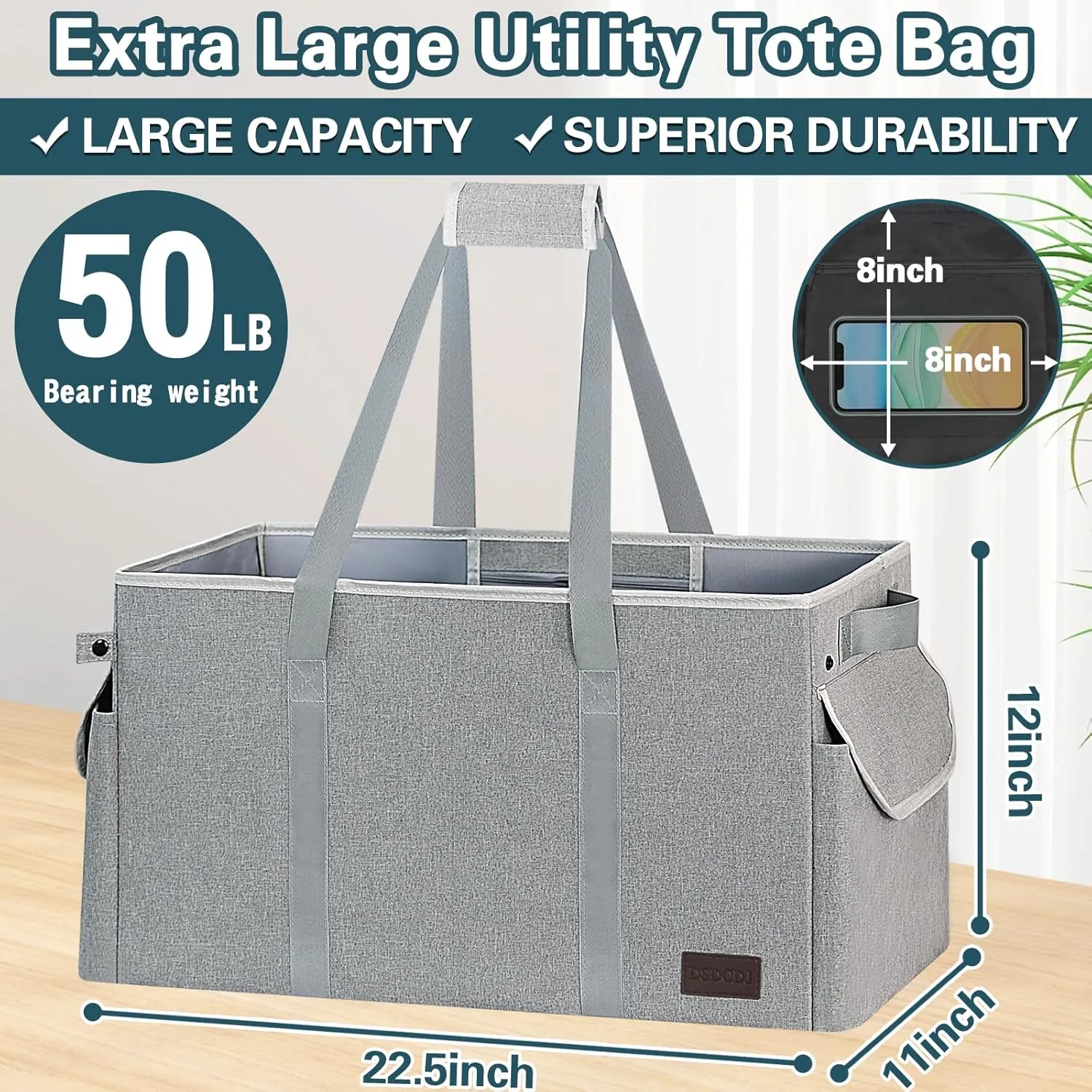 Standing Extra Large Utility Tote Bag with Hard Bottom & Hard Sides, Heavy Duty Reusable Grocery Bag with Handles & 3 Pockets for Shopping, Beach, Picnics, Camping, Laundry, Car (Grey)