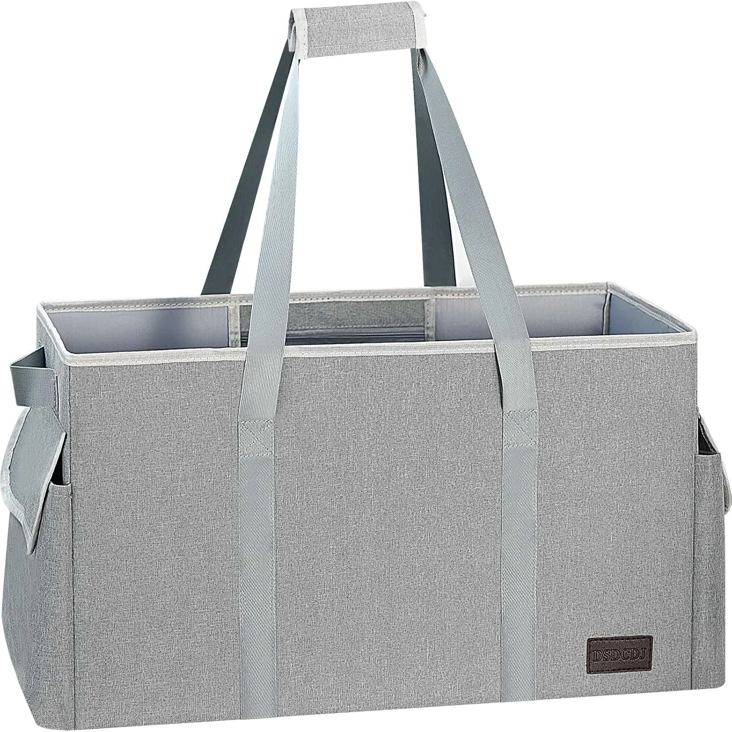 Standing Extra Large Utility Tote Bag with Hard Bottom & Hard Sides, Heavy Duty Reusable Grocery Bag with Handles & 3 Pockets for Shopping, Beach, Picnics, Camping, Laundry, Car (Grey)