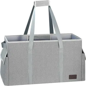 Standing Extra Large Utility Tote Bag with Hard Bottom & Hard Sides, Heavy Duty Reusable Grocery Bag with Handles & 3 Pockets for Shopping, Beach, Picnics, Camping, Laundry, Car (Grey)