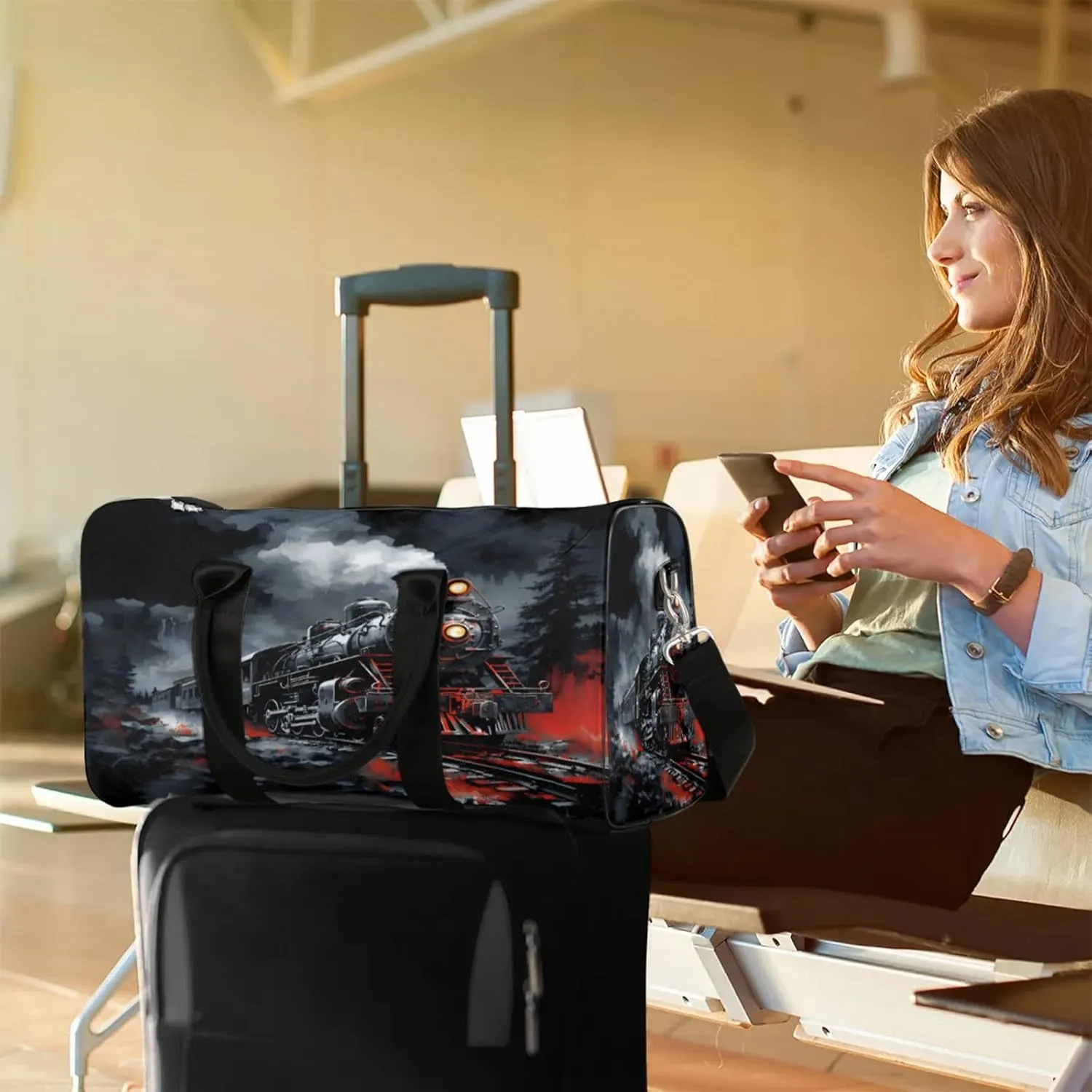 Steam Engine Old Train Travel Duffle Bag, Sports Gym Bags for Women Men, Carry On Weekender Overnight Workout Airplane Trips Bag