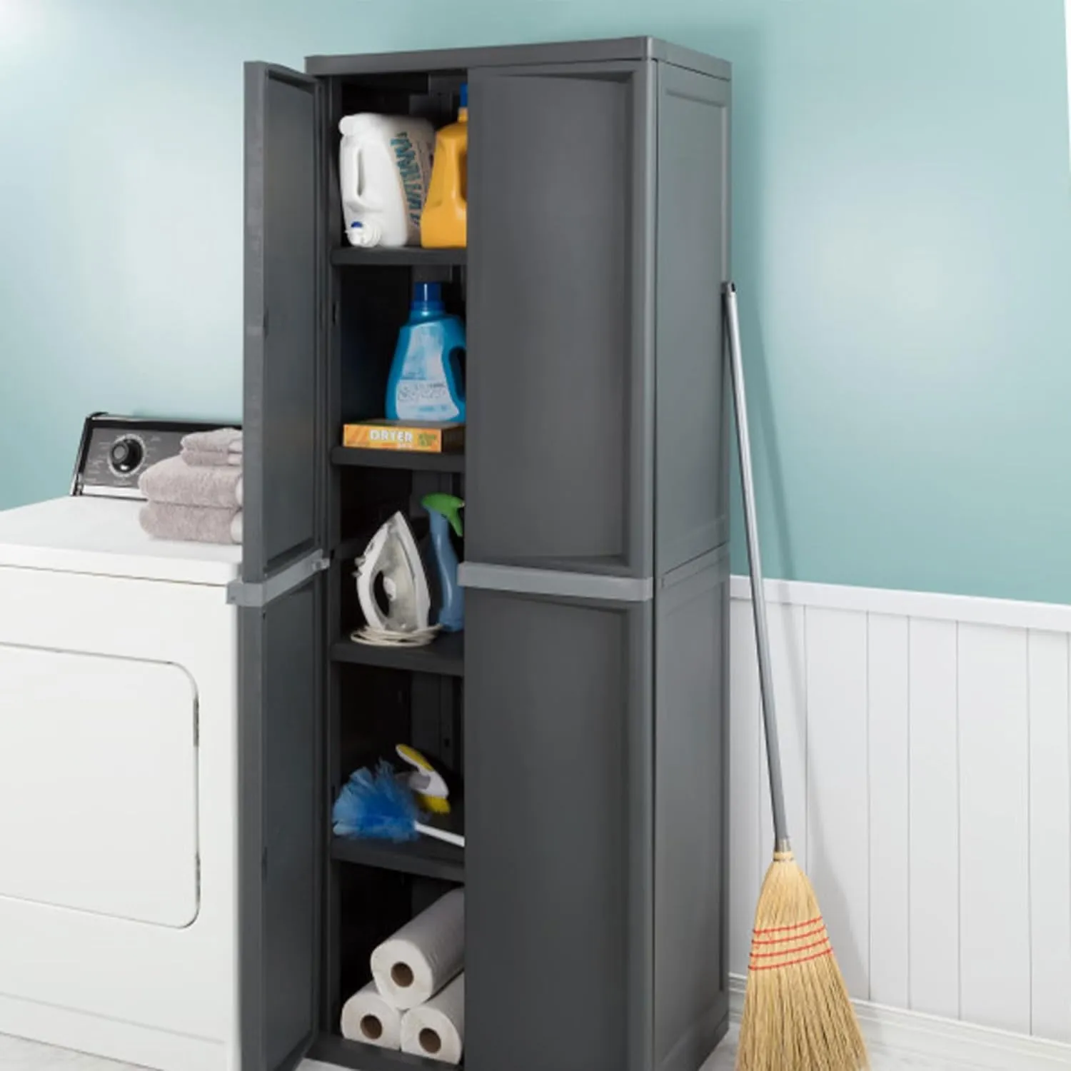 Sterilite 4 Shelf Cabinet, Lockable Utility Storage w/ Adjustable Shelves, Gray - Plastic Shelving Unit for Organizing Garage, Pantry, Basement, Laundry Room or Mudroom