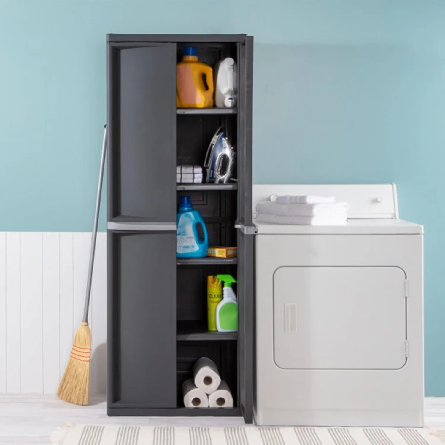 Sterilite 4 Shelf Cabinet, Lockable Utility Storage w/Adjustable Shelves, Gray - Plastic Shelving Unit for Organizing Garage, Pantry, Basement, Laundry Room or Mudroom