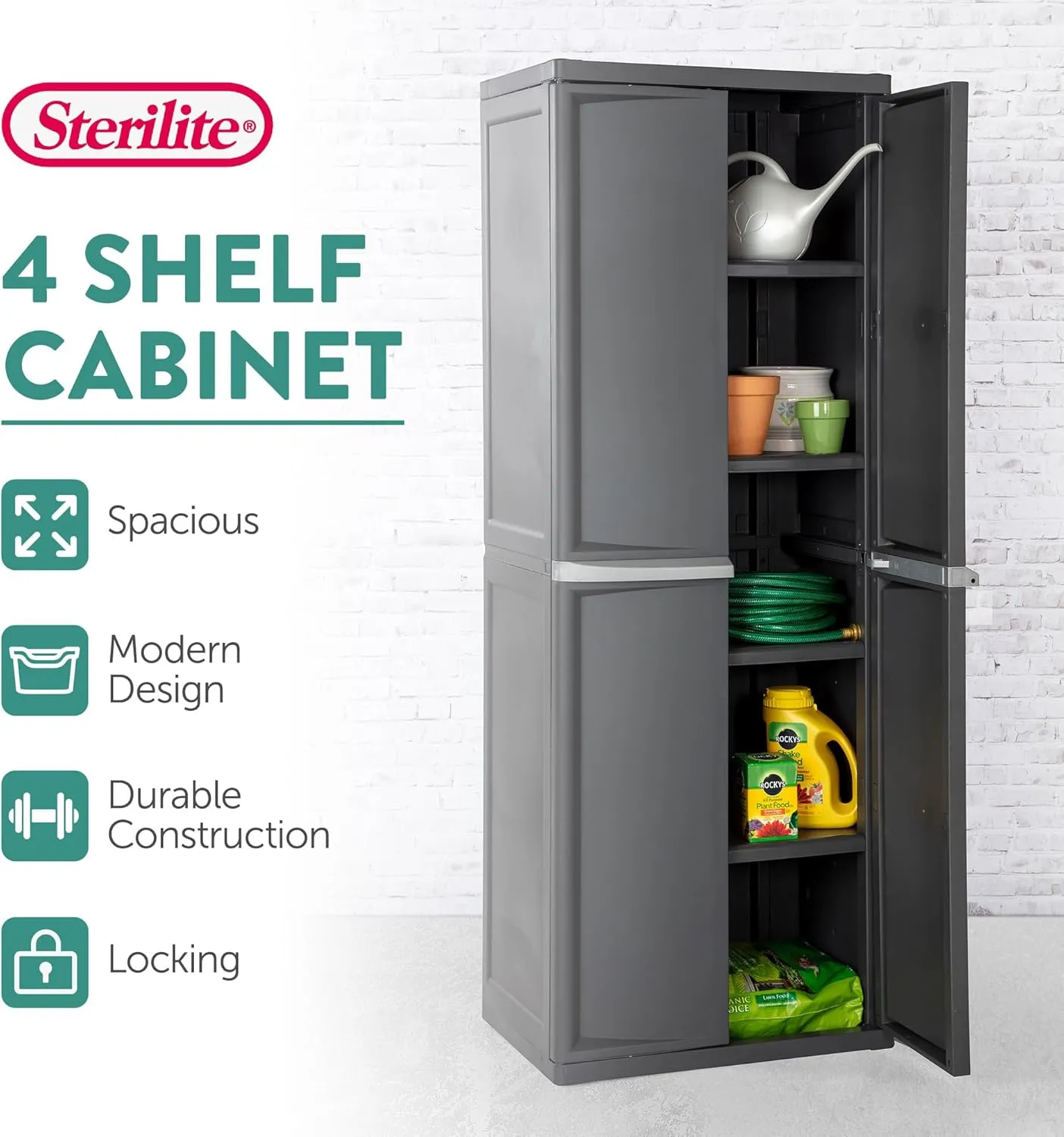Sterilite 4 Shelf Cabinet, Lockable Utility Storage w/Adjustable Shelves, Gray - Plastic Shelving Unit for Organizing Garage, Pantry, Basement, Laundry Room or Mudroom