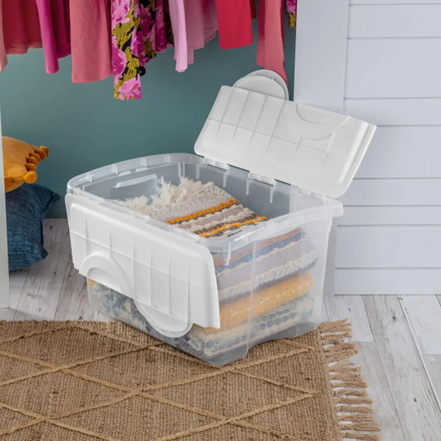 Sterilite 48 Qt Stackable Storage Bins, Clear with White Hinged Lid, 6-Pack