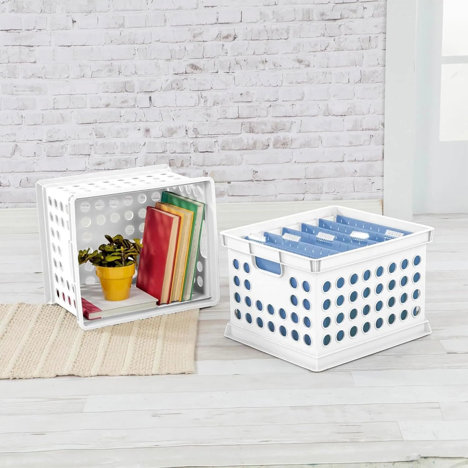 Sterilite Stackable Plastic Storage Crate Bin Organizer File Box with Handles for Home, Office, Dorm, Garage, or Utility Organization, White, 6-Pack