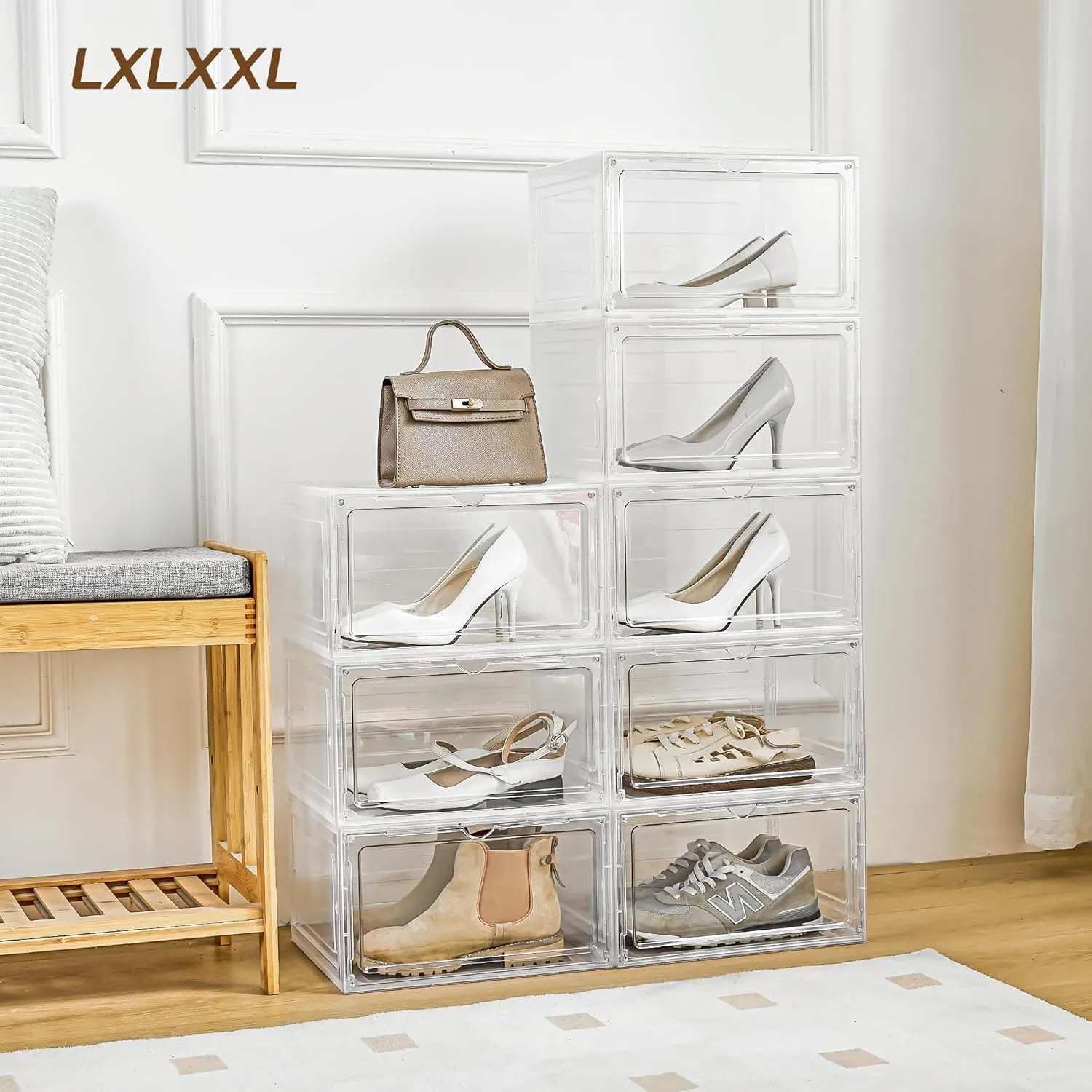 Storage Bins with Lids, 6 Pack Clear Plastic Storage Containers with Magnetic Acrylic Door, 19 Qt Stackable Storage Box for Home,Office Organizing,white