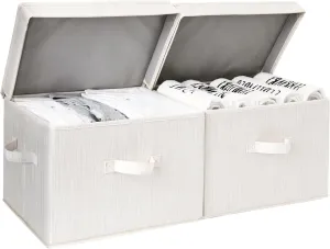 StorageWorks Fabric Storage Bins with lid, Decorative Boxes for Shelves, Closet Organizer Basket with Handles, Large, Mixing of Beige, White & Ivory, 2-Pack