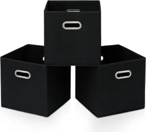 STOREONE Black Fabric Storage Bins Cubes Baskets Containers-(11X11X11) with Dual Handles Cube Storage Organizer Bins for Shelf Closet, Bedroom Organizers, Foldable Set of 3 (Black )