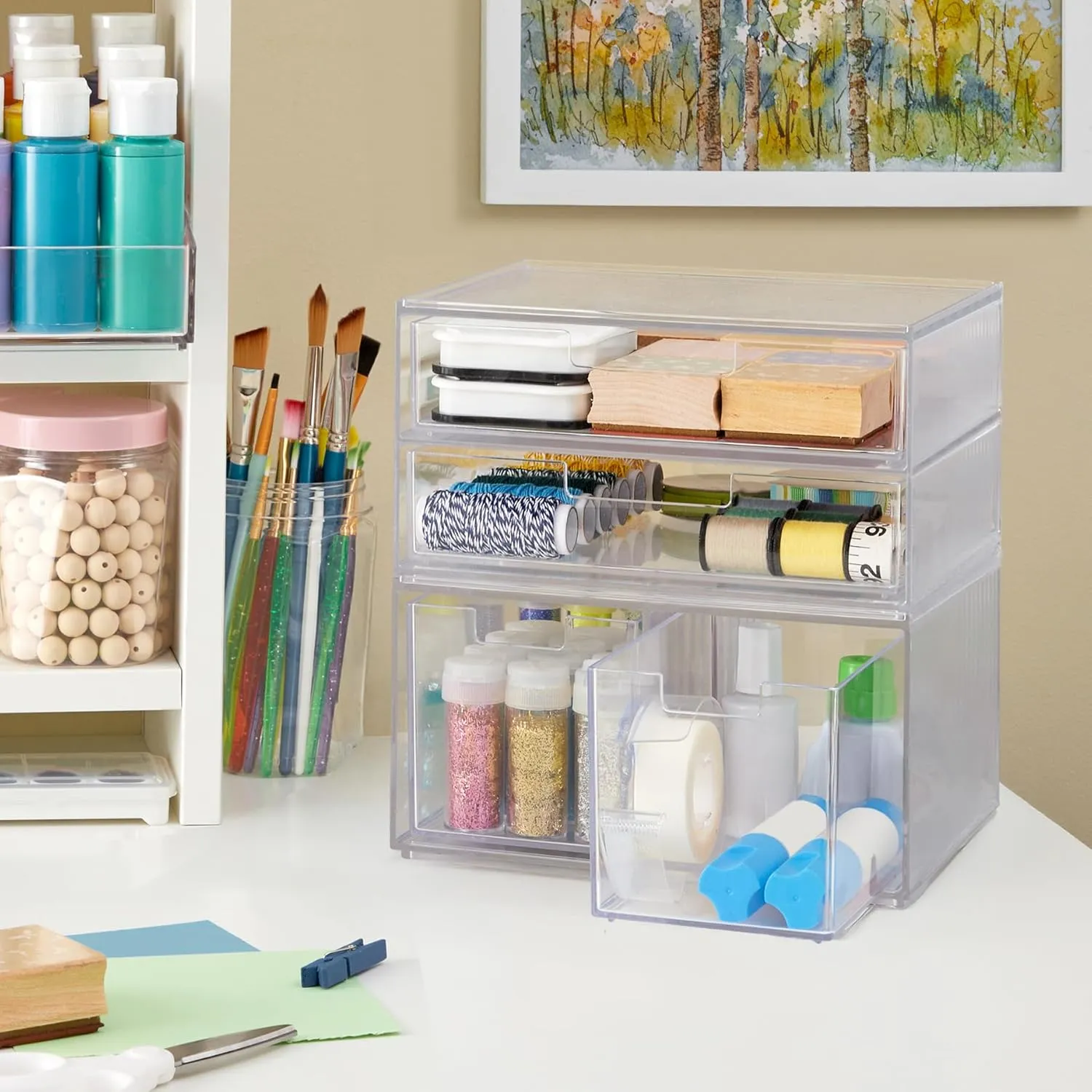STORi Chloe Space-Saving Clear Drawer Organizer (4 Drawer Set) Sort Office, Kitchen, Beauty Supplies, Makeup, Pens, Jewelry, Stationary, Made in USA