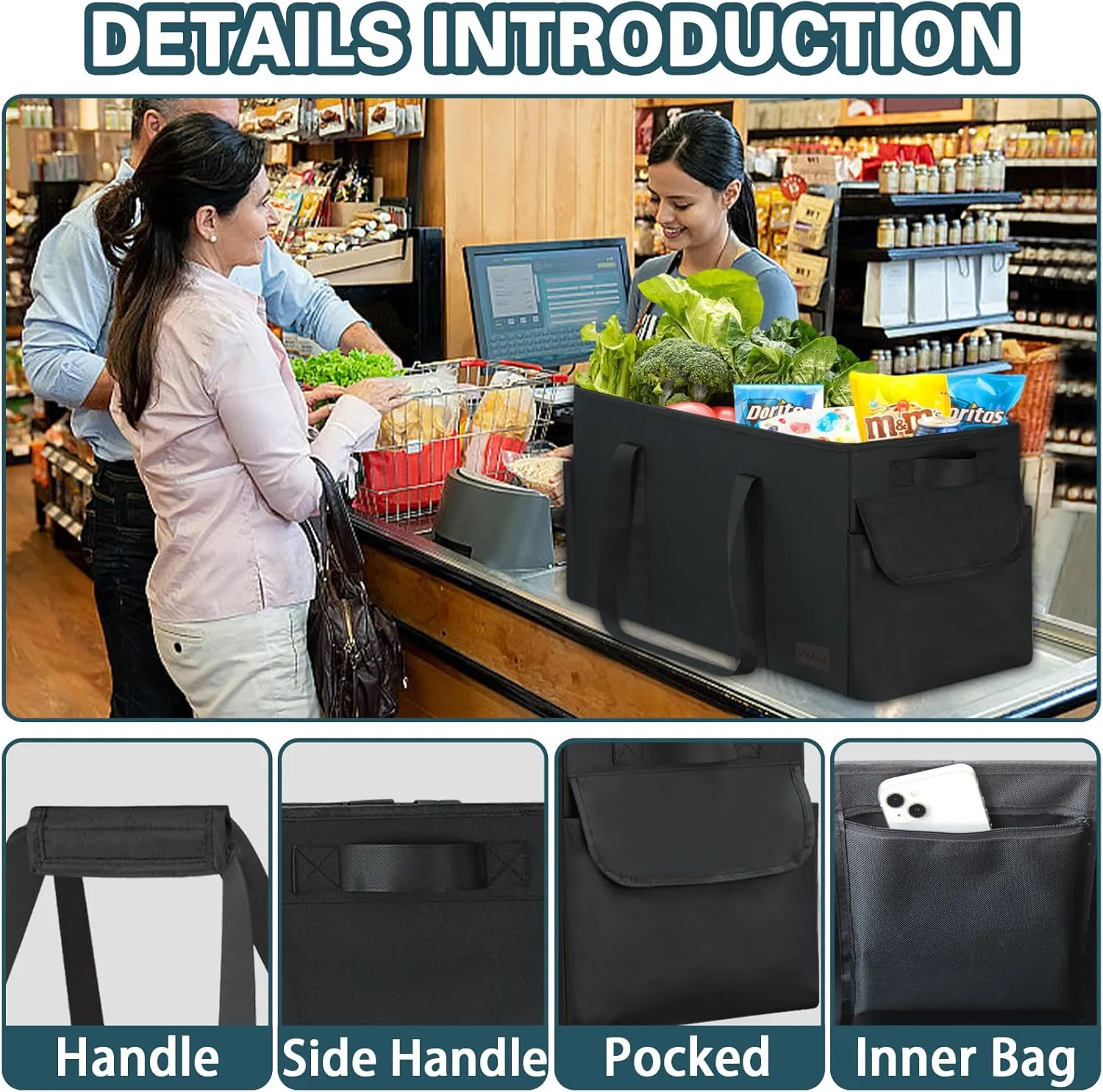 Sturdy Extra Large Utility Tote Bag with Hard Bottom and All Sides Rinforced, Collapsible Oversized Tote Bag with Handles for Grocery, Beach, Picnics, Camping, Laundry, Car (Black, 1 Pack)