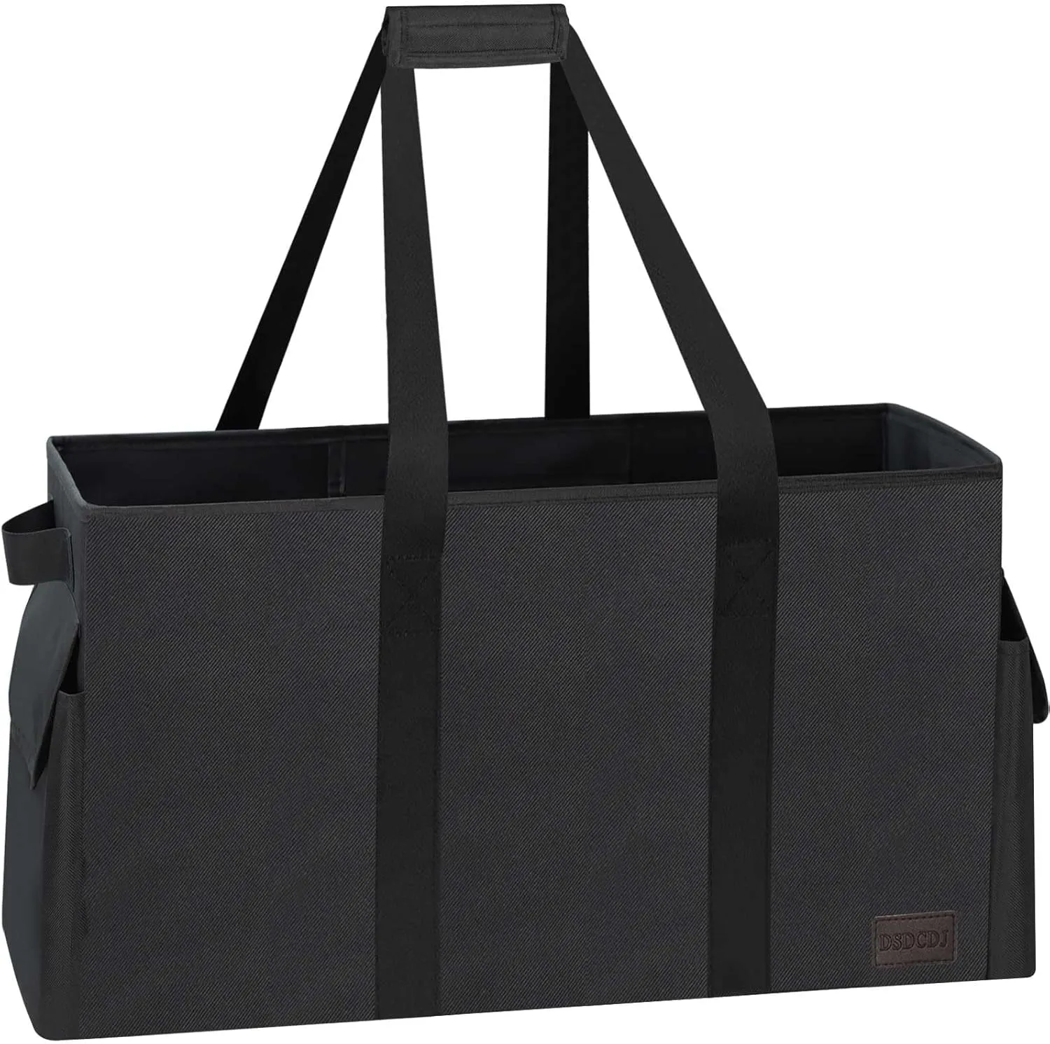 Sturdy Extra Large Utility Tote Bag with Hard Bottom and All Sides Rinforced, Collapsible Oversized Tote Bag with Handles for Grocery, Beach, Picnics, Camping, Laundry, Car (Black, 1 Pack)
