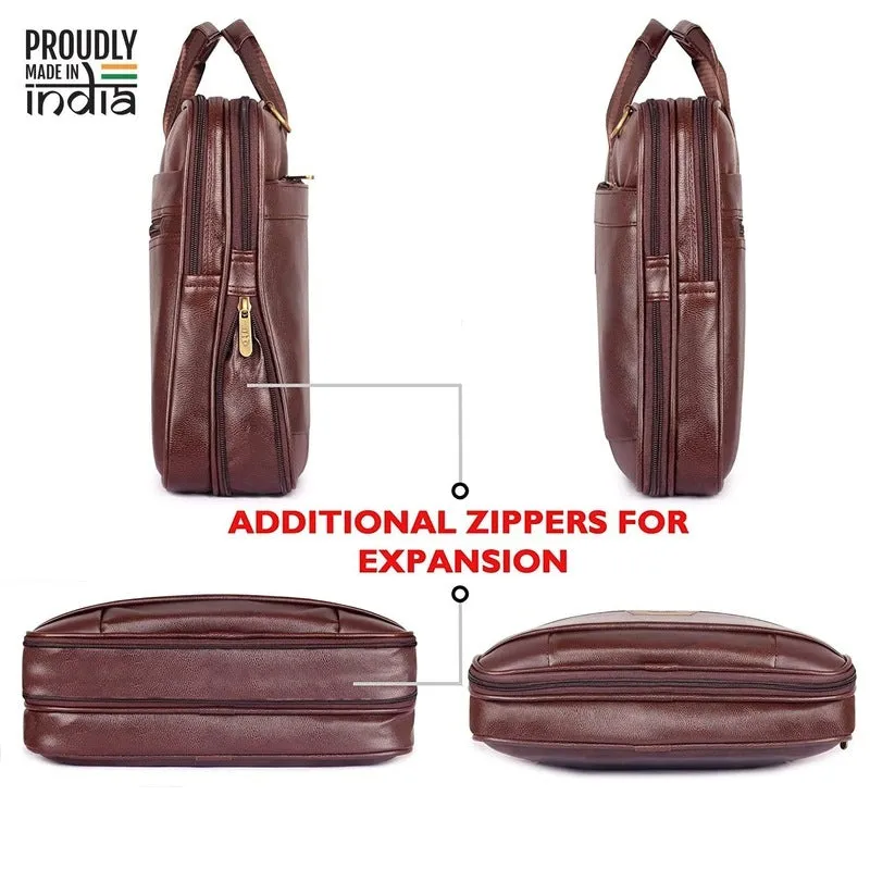 Stylish Laptop Briefcase - Durable Faux Leather | Adjustable Shoulder Strap | 15.6 Inch | Chestnut Brown