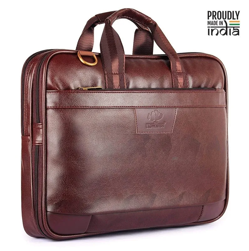 Stylish Laptop Briefcase - Durable Faux Leather | Adjustable Shoulder Strap | 15.6 Inch | Chestnut Brown