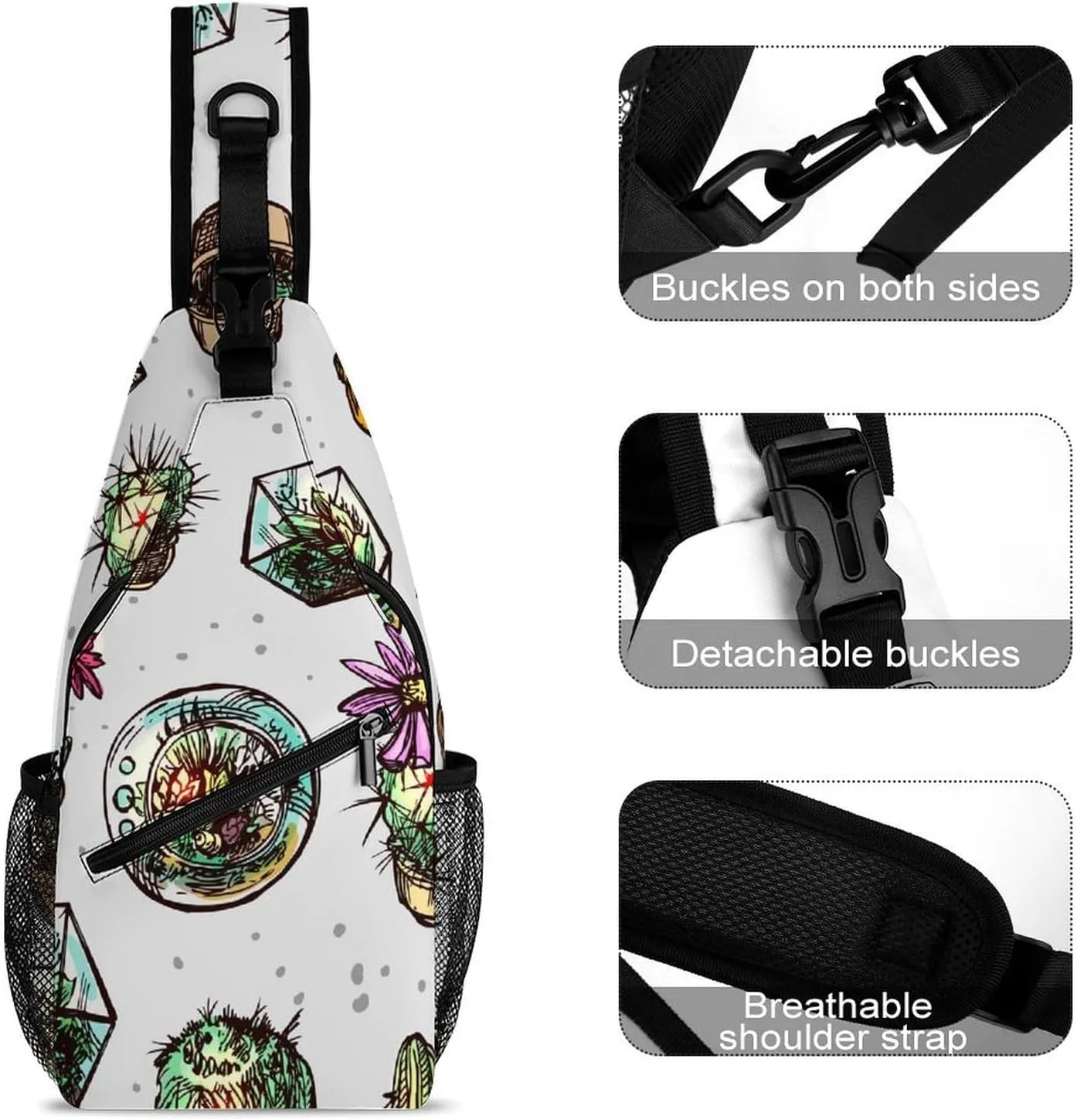 Succulents-pattern Sling Bag Crossbody Backpack for Men Women Chest Bag For Travel Hiking Cycling Camping, 38x20cm, Style-1