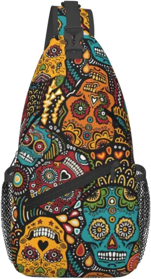 Sugar And Skulls Style Print Sling Bag Crossbody Backpack For Women Men Hiking Travel Over The Shoulder Multipurpose Bag