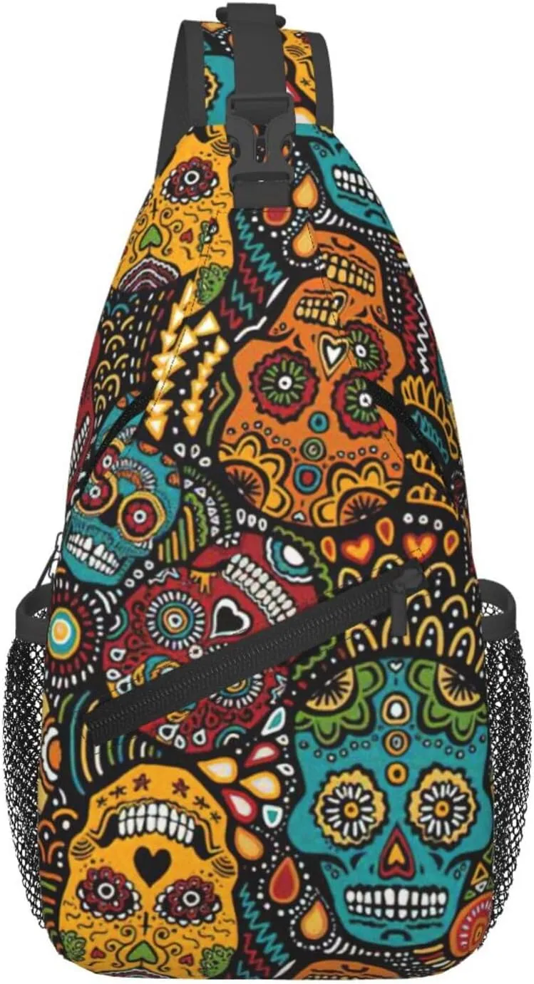 Sugar And Skulls Style Print Sling Bag Crossbody Backpack For Women Men Hiking Travel Over The Shoulder Multipurpose Bag