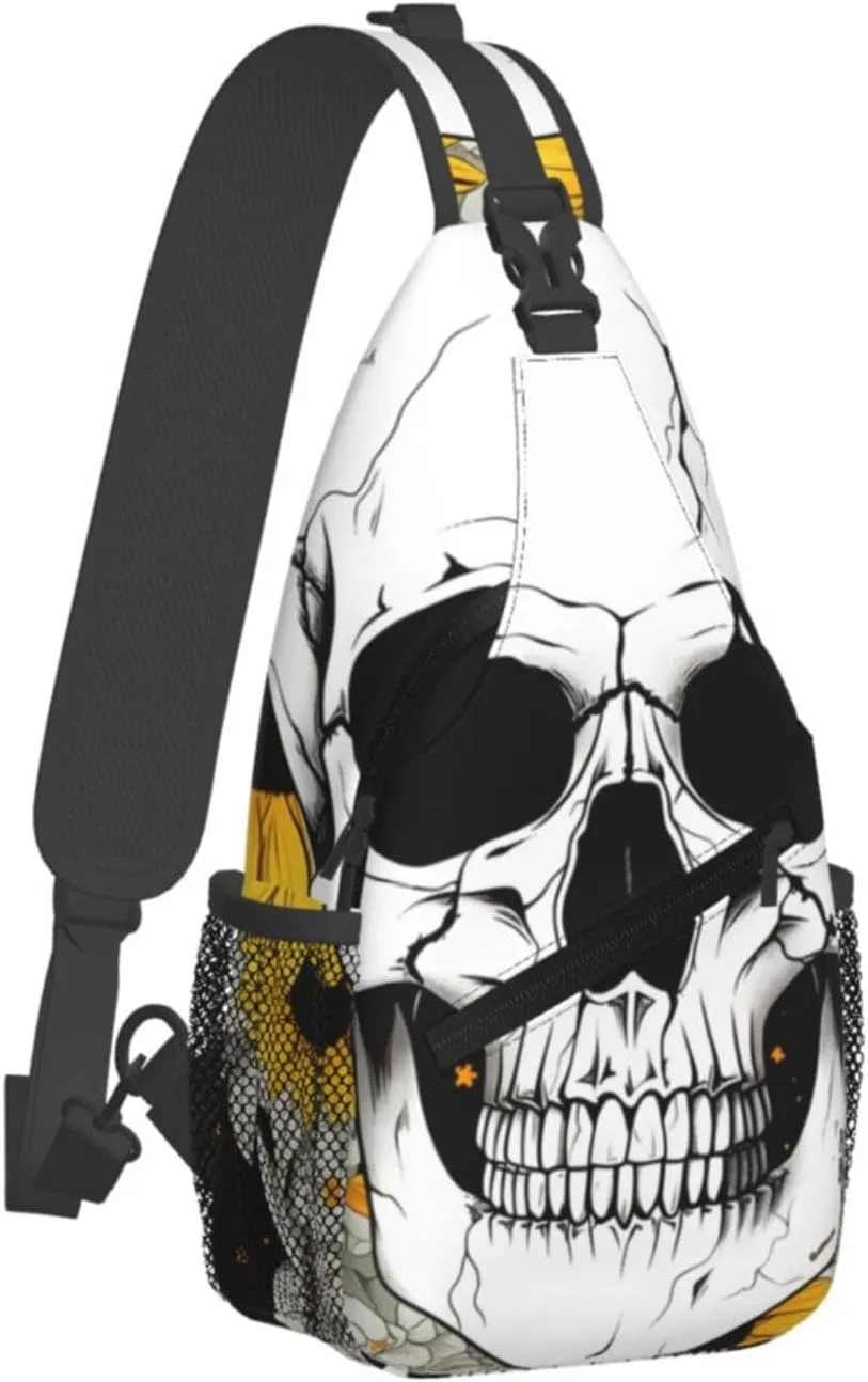 Sunflower Skull Sling Bag Crossbody Bag for Men Women, Daypack Chest Backpack Shoulder Bag for Travle Hiking