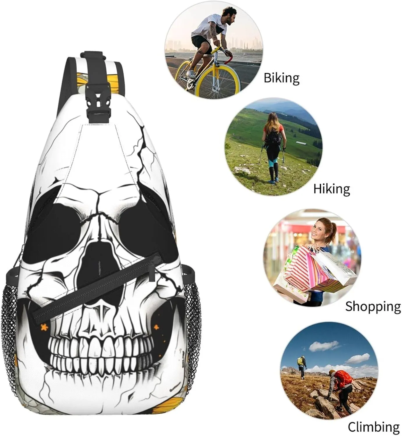 Sunflower Skull Sling Bag Crossbody Bag for Men Women, Daypack Chest Backpack Shoulder Bag for Travle Hiking