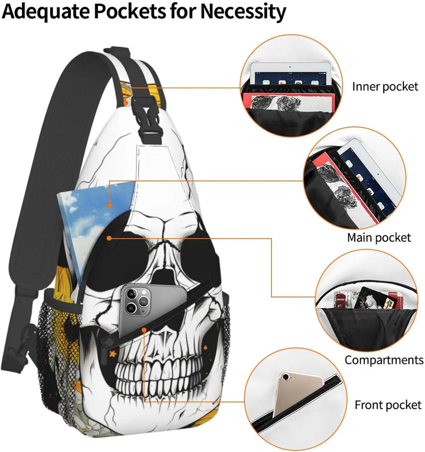 Sunflower Skull Sling Bag Crossbody Bag for Men Women, Daypack Chest Backpack Shoulder Bag for Travle Hiking