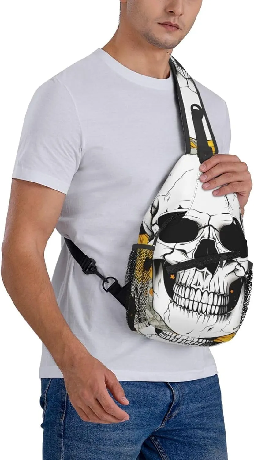 Sunflower Skull Sling Bag Crossbody Bag for Men Women, Daypack Chest Backpack Shoulder Bag for Travle Hiking