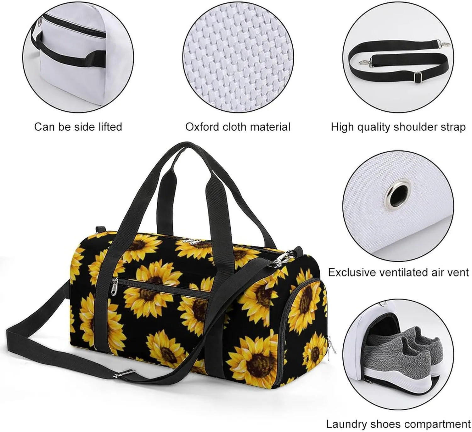 Sunflower Sports Tote Gym Bag for Women Men, Overnight Bag with Shoe Compartment Water Resistant