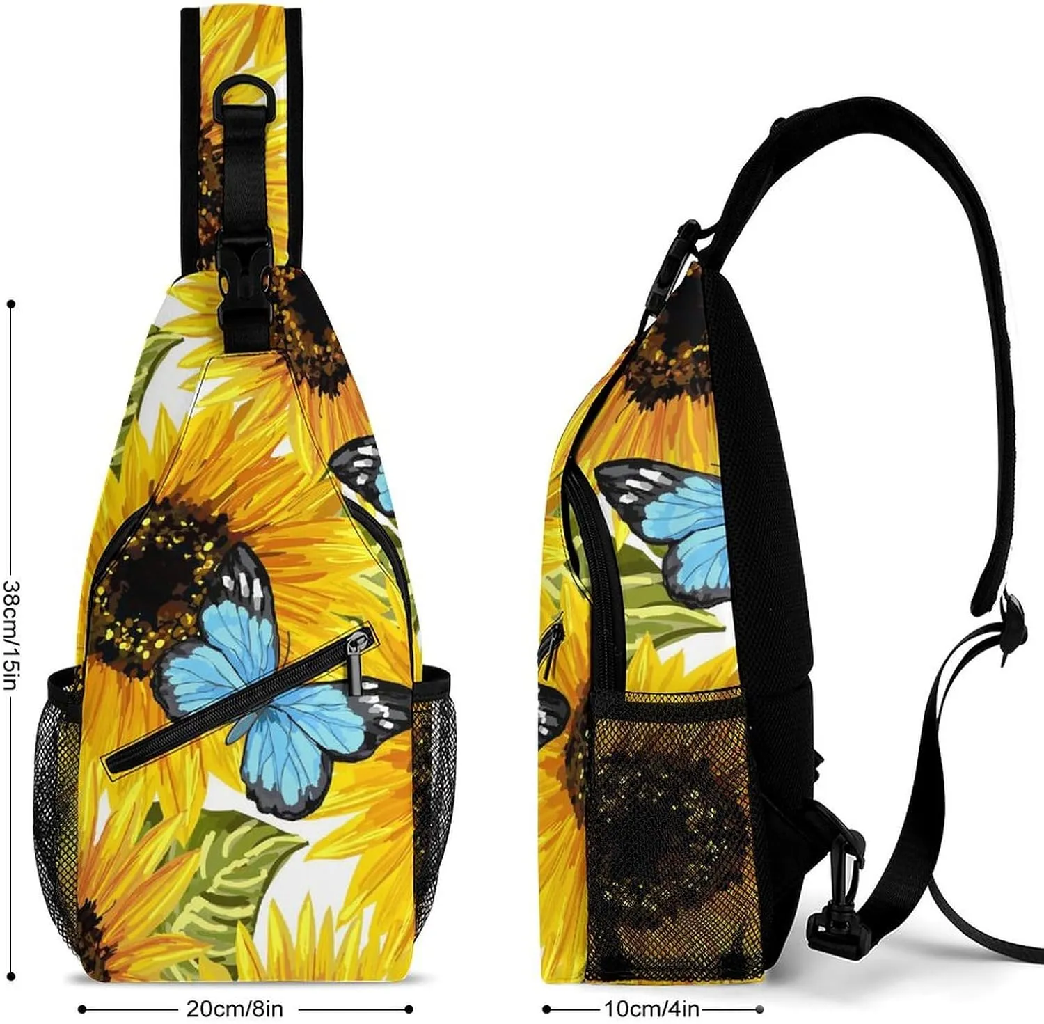 Sunflowers-blue-butterflies-white Crossbody Sling Backpack, Shoulder Bag Chest Bag for Travel Sport Running