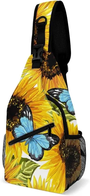 Sunflowers-blue-butterflies-white Crossbody Sling Backpack, Shoulder Bag Chest Bag for Travel Sport Running