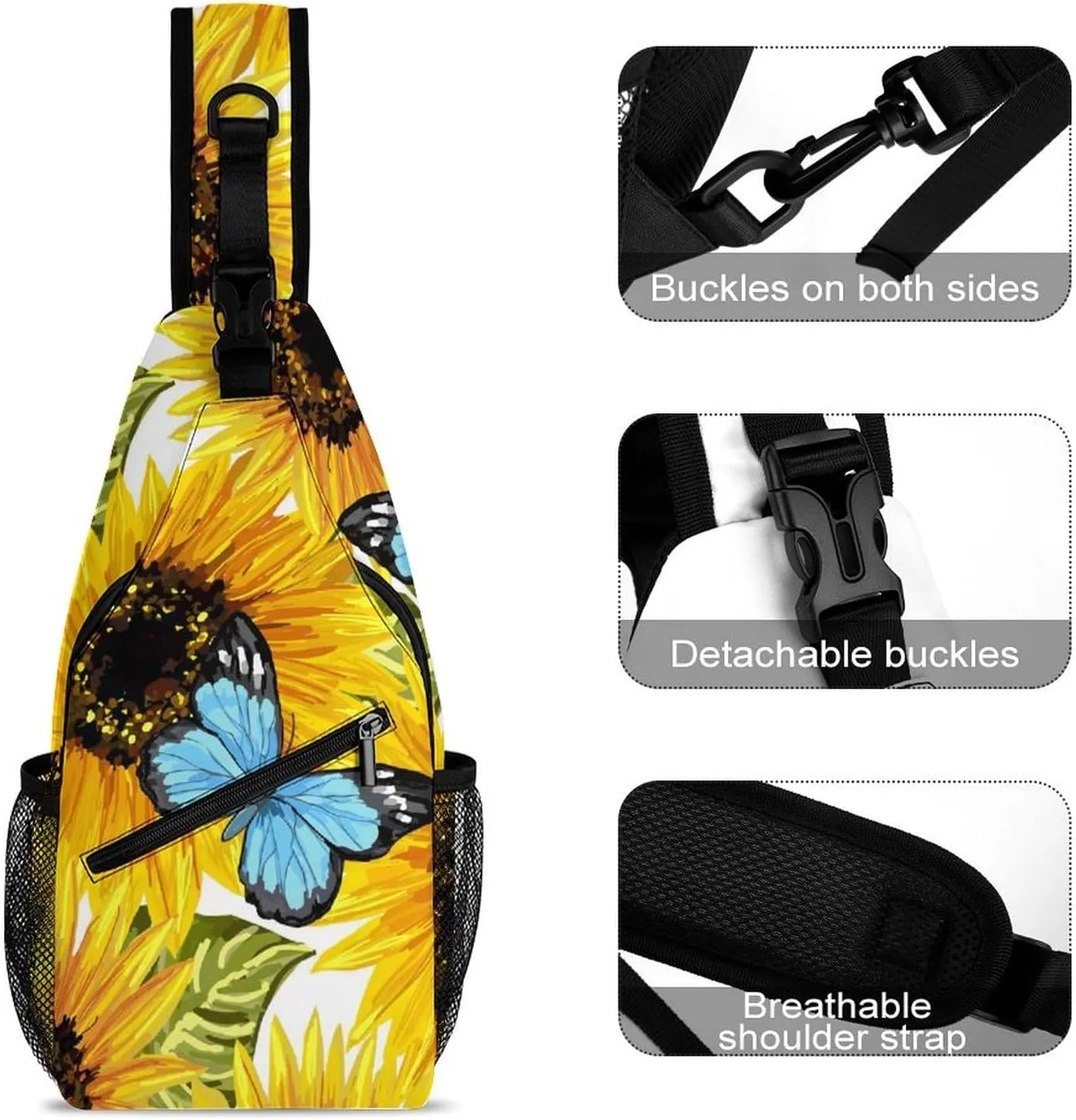 Sunflowers-blue-butterflies-white Crossbody Sling Backpack, Shoulder Bag Chest Bag for Travel Sport Running