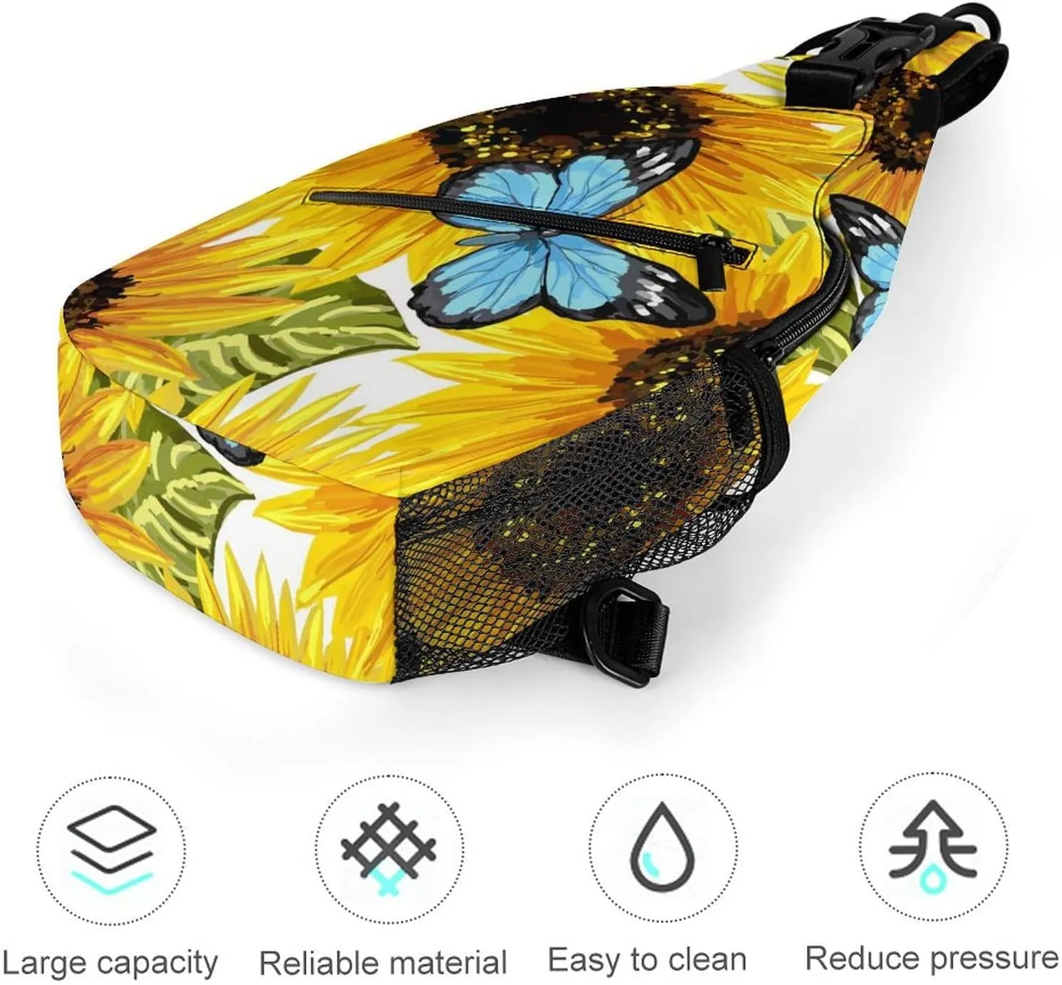 Sunflowers-blue-butterflies-white Crossbody Sling Backpack, Shoulder Bag Chest Bag for Travel Sport Running