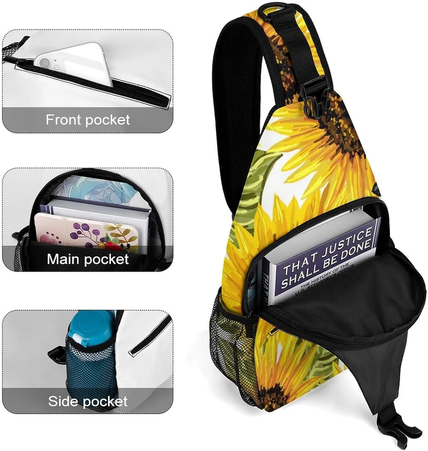 Sunflowers-blue-butterflies-white Crossbody Sling Backpack, Shoulder Bag Chest Bag for Travel Sport Running