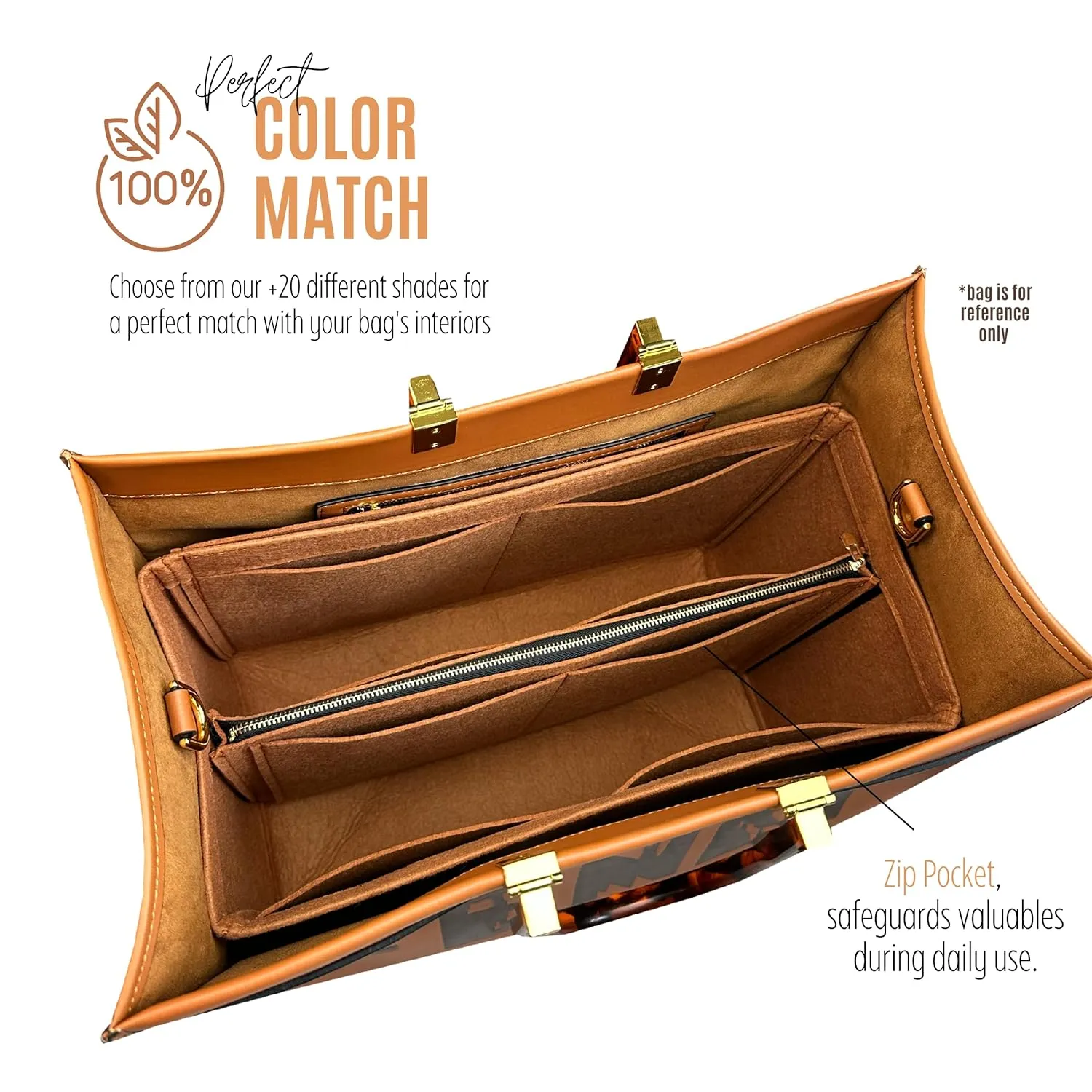 Sunshine Tote Organizer Insert, Sunshine Shopper Medium Insert, Mini Sunshine Large Organizer, Handmade 3mm Premium Felt Snug Sturdy Gold Zipper (For Medium Sunshine Tote, Beige)