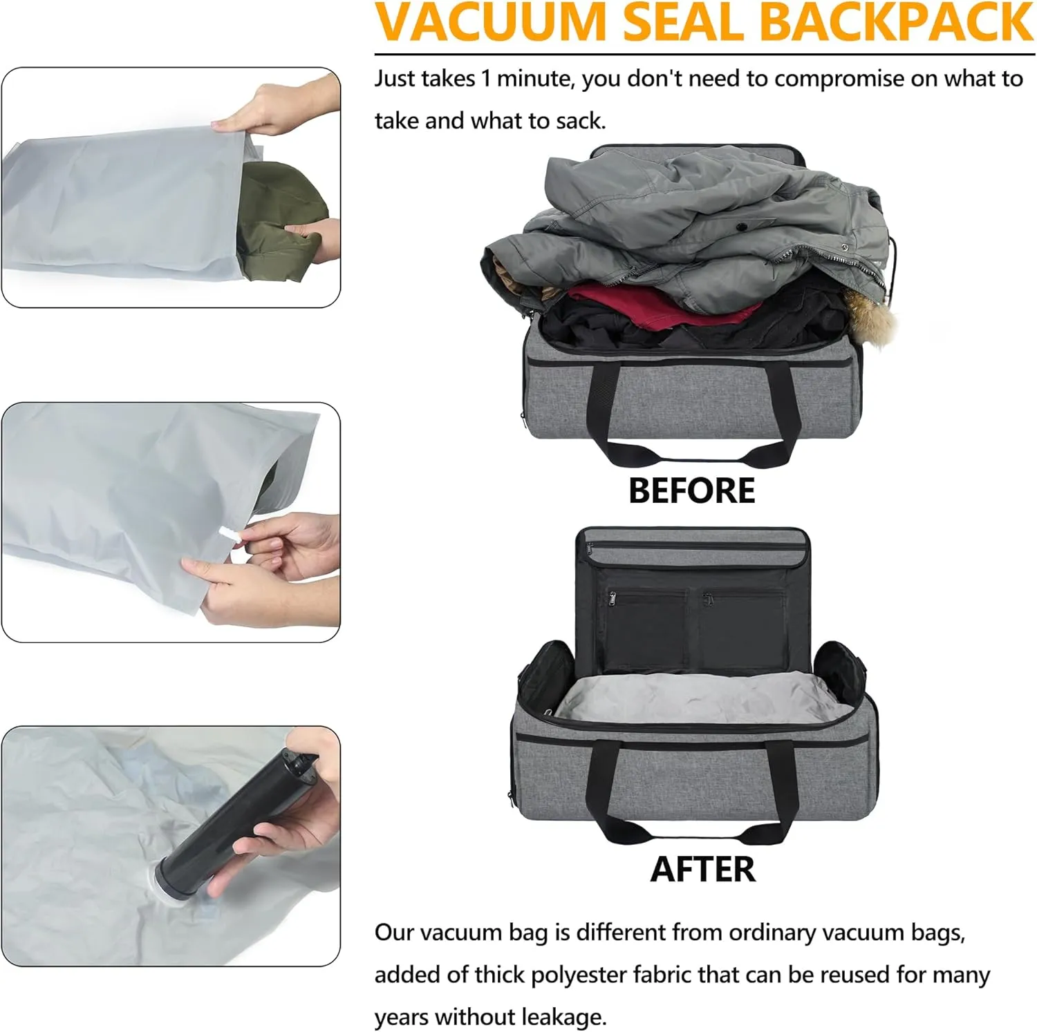 SUOCO Convertible Vacuum Garment Duffle Bags for Travel, Carry On 2 in 1 Hanging Duffel Suitcase Bag with Vacuum Compression Bag for Suit Dresse Uniform Men Women, Grey